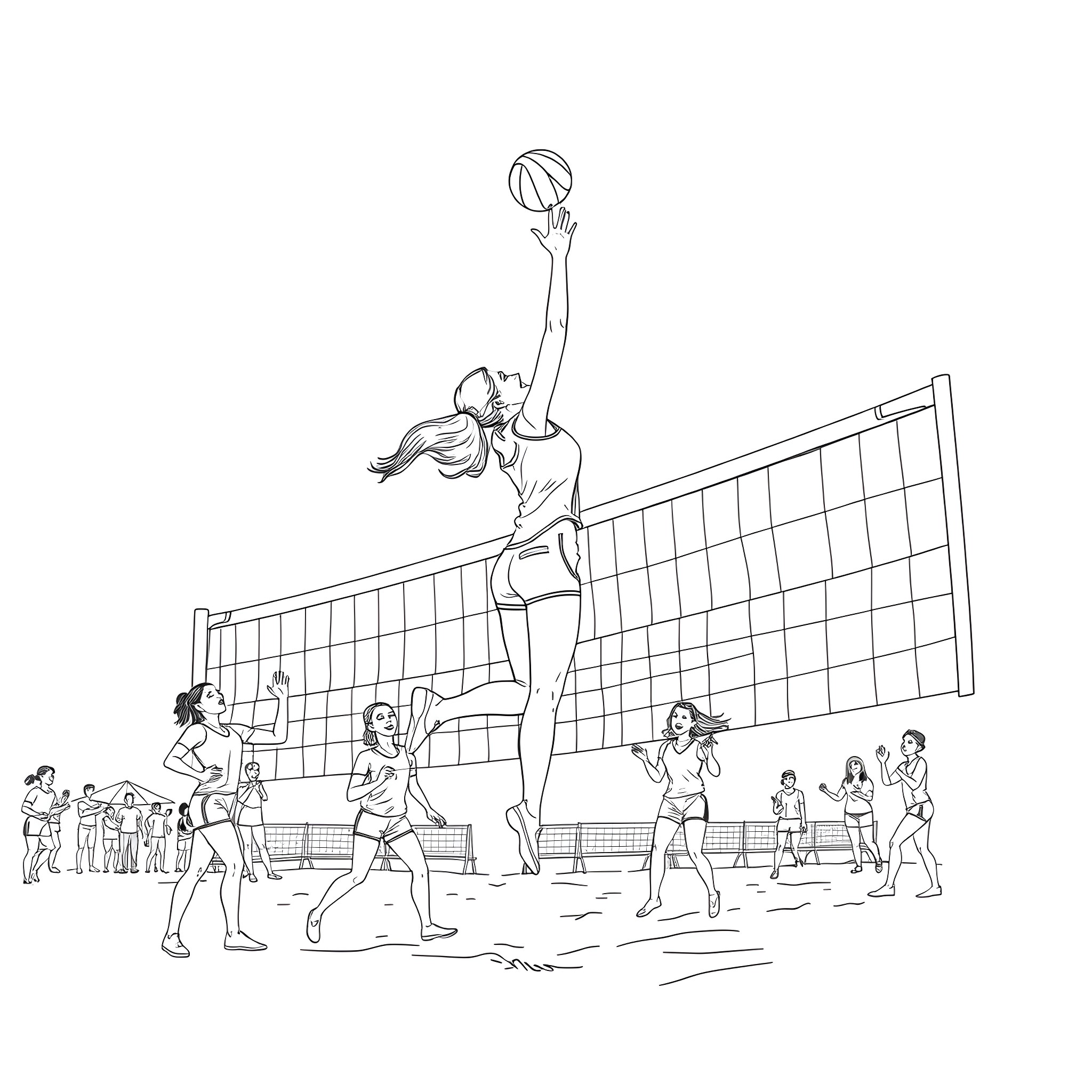 Paulina Jarus playing competitive volleyball with teammates Coloring Page (free black-and-white line drawing printable PDF for all, from beginners to advanced learners, including children, teens, adults, and seniors)
