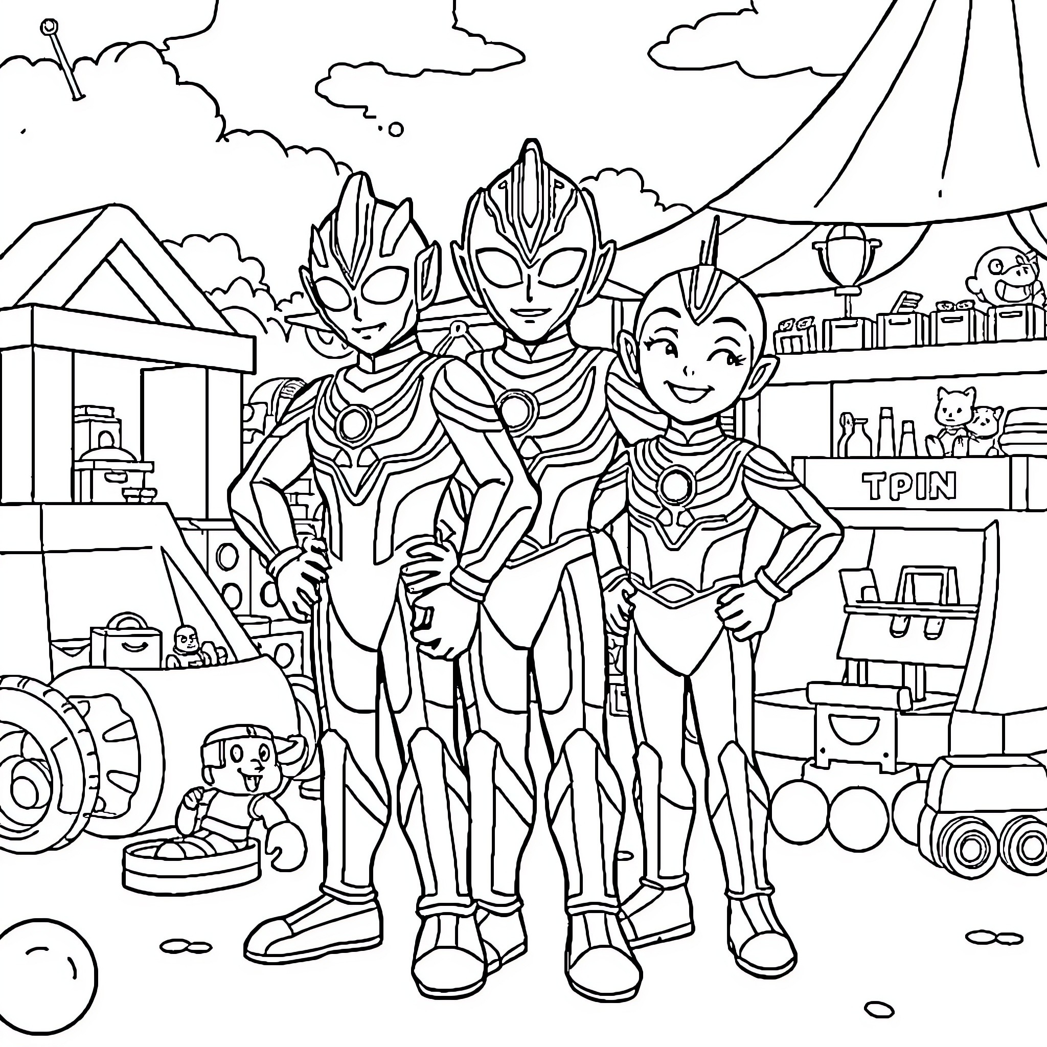 Ultraman heroes in heroic poses at the base Coloring Page (free black-and-white line drawing printable PDF for all, from beginners to advanced learners, including children, teens, adults, and seniors)