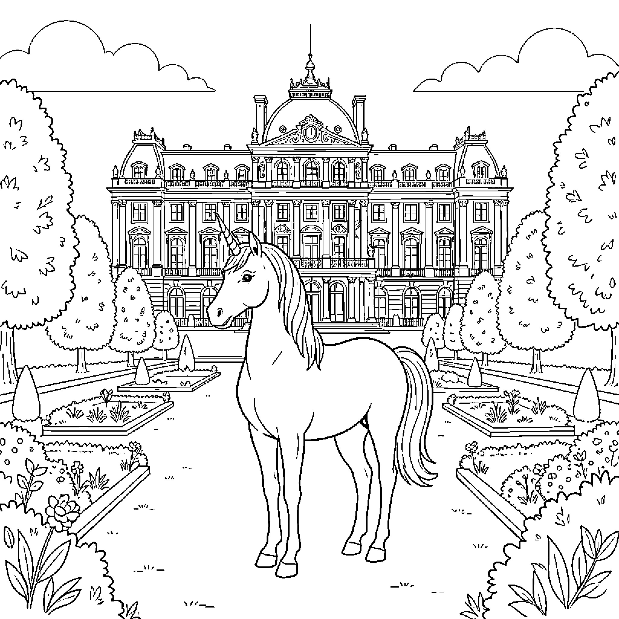 Unicorn standing majestically in front of a grand palace Coloring Page (free black-and-white line drawing printable PDF for all, from beginners to advanced learners, including children, teens, adults, and seniors)