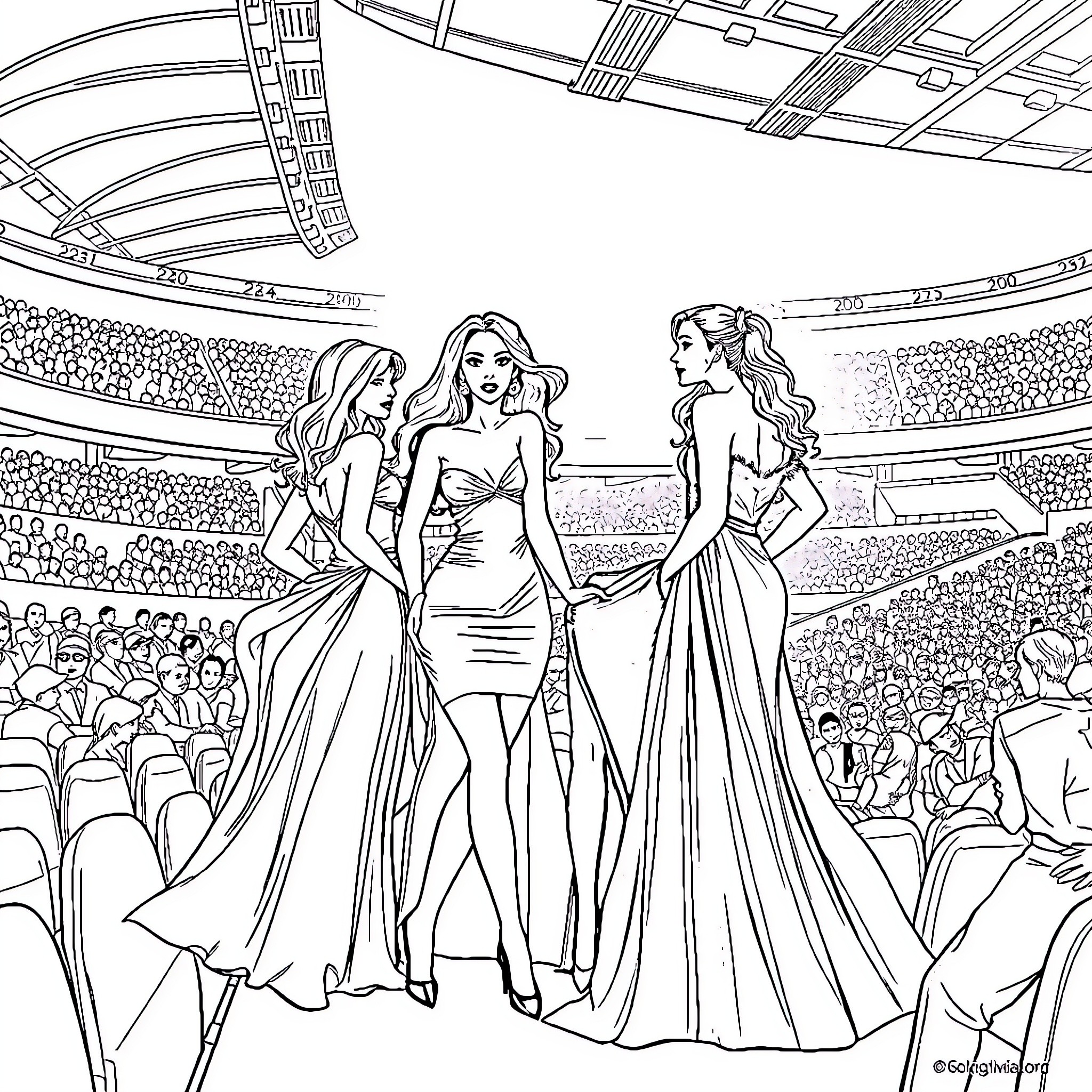 Girl Pageant Contestants on Stage Coloring Page (free black-and-white line drawing printable PDF for all, from beginners to advanced learners, including children, teens, adults, and seniors)