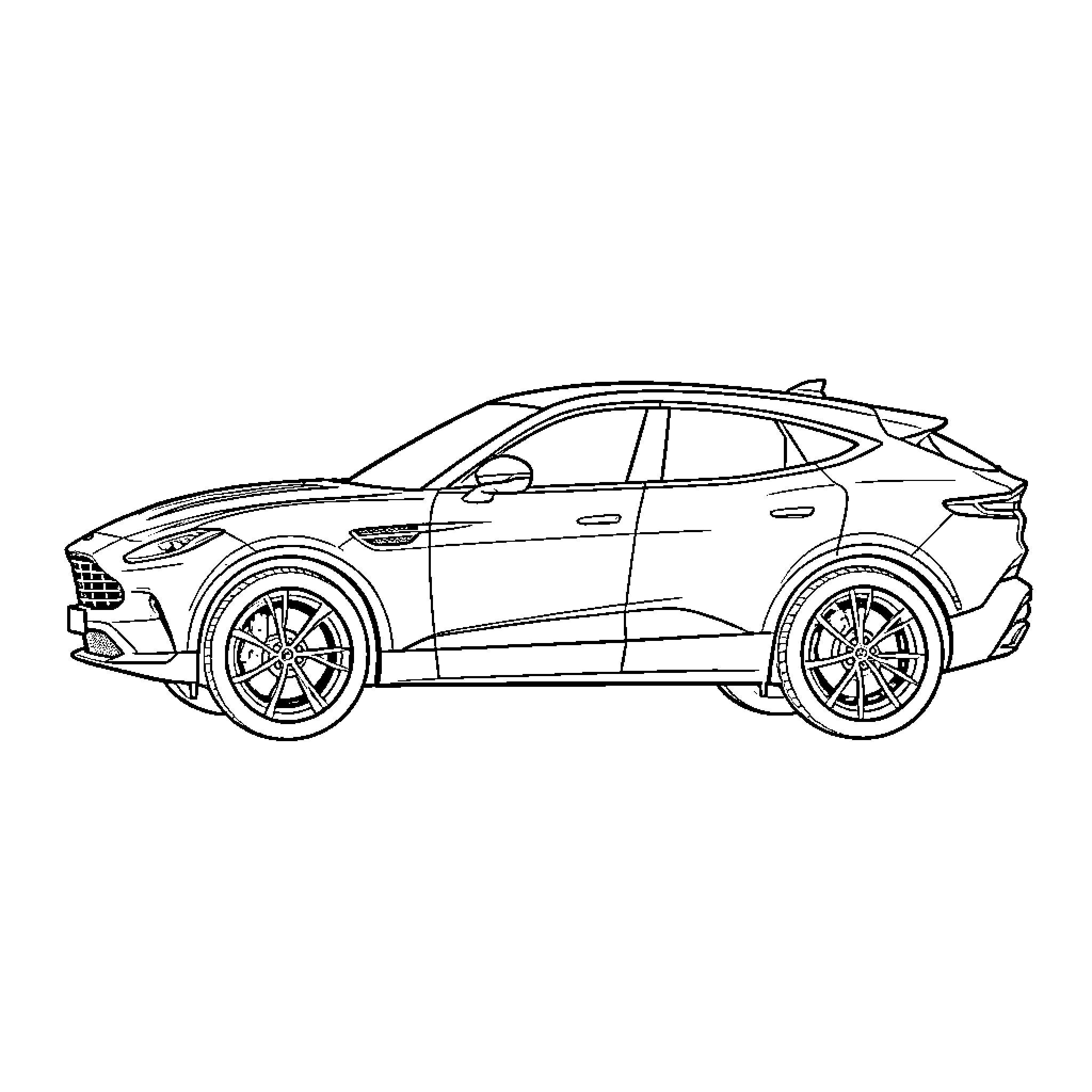 Aston Martin DBX parked in a side profile view Coloring Page (free black-and-white line drawing printable PDF for all, from beginners to advanced learners, including children, teens, adults, and seniors)