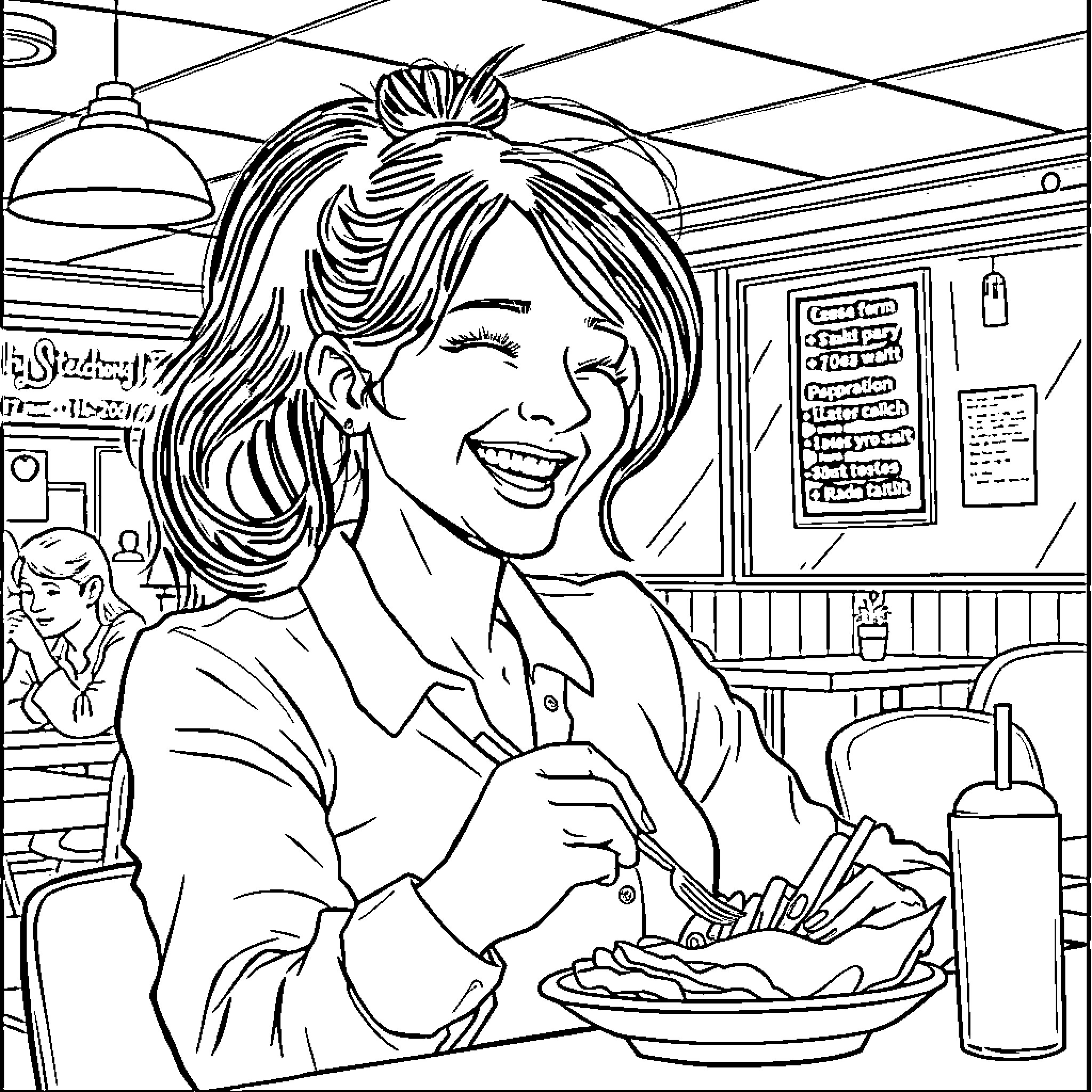 Teacher serving delicious meal in school cafeteria Coloring Page (free black-and-white line drawing printable PDF for all, from beginners to advanced learners, including children, teens, adults, and seniors)