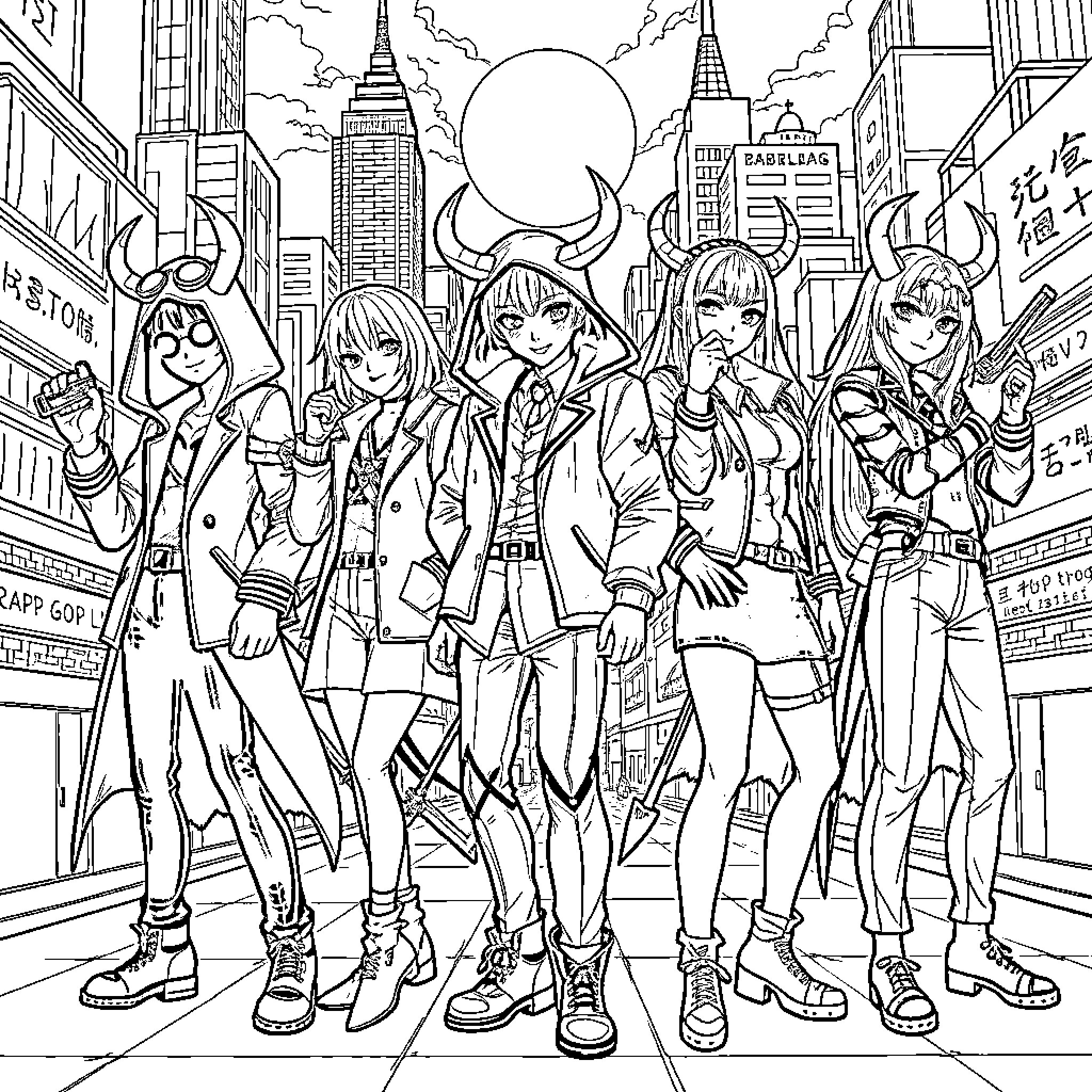 Demon Hunter Squad in Stylish Urban Adventure Coloring Page (free black-and-white line drawing printable PDF for all, from beginners to advanced learners, including children, teens, adults, and seniors)