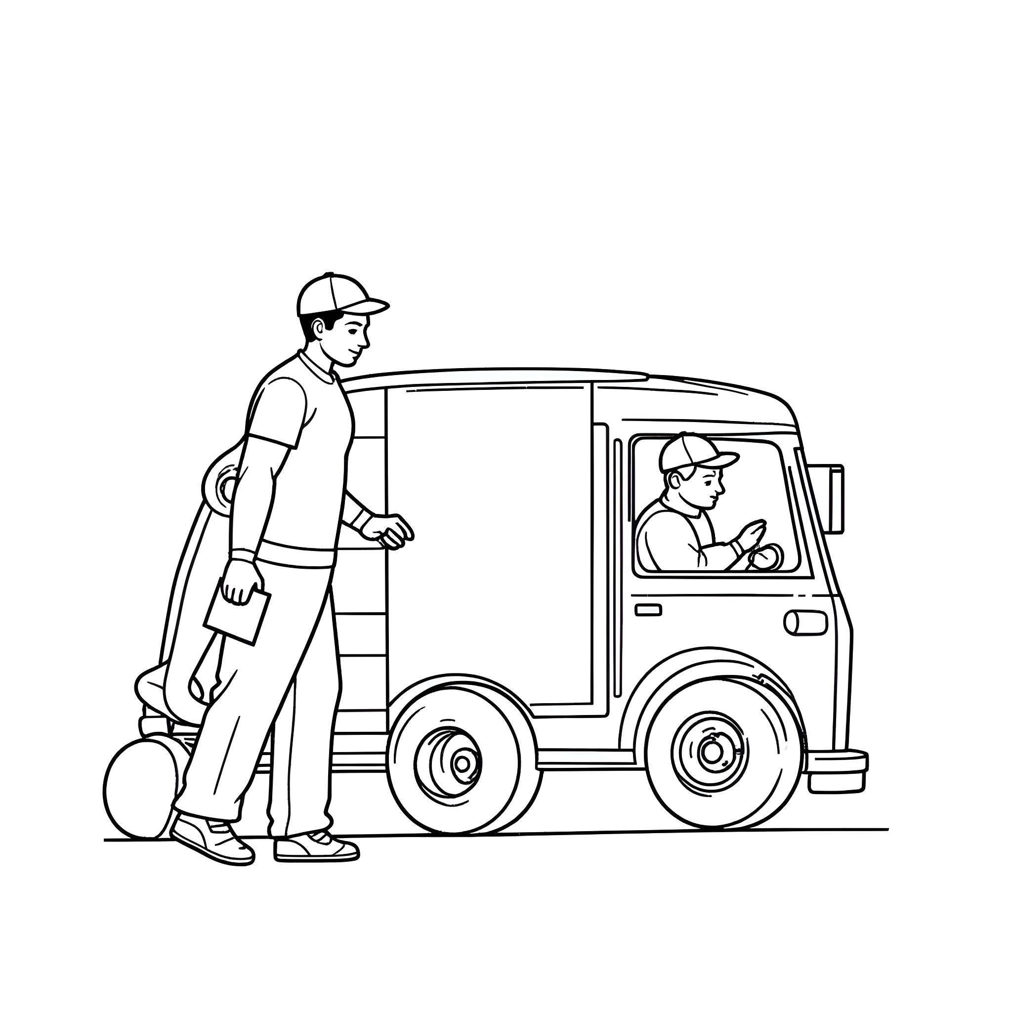 Gargageman working diligently with truck Coloring Page (free black-and-white line drawing printable PDF for all, from beginners to advanced learners, including children, teens, adults, and seniors)