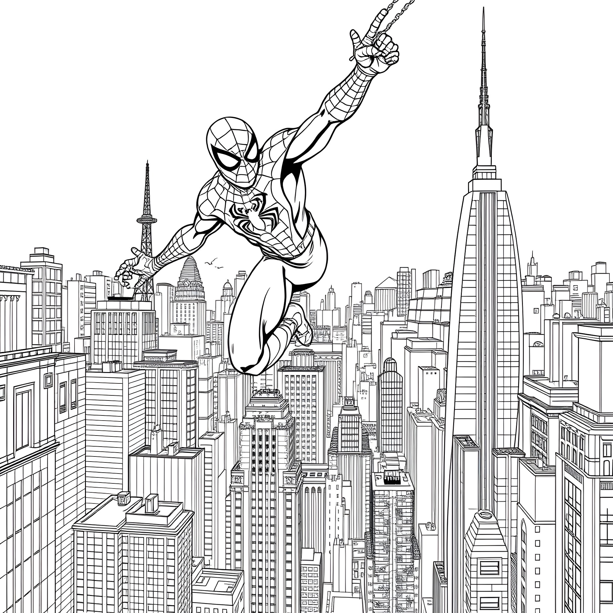 Spiderman swinging high above the city skyline Coloring Page (free black-and-white line drawing printable PDF for all, from beginners to advanced learners, including children, teens, adults, and seniors)