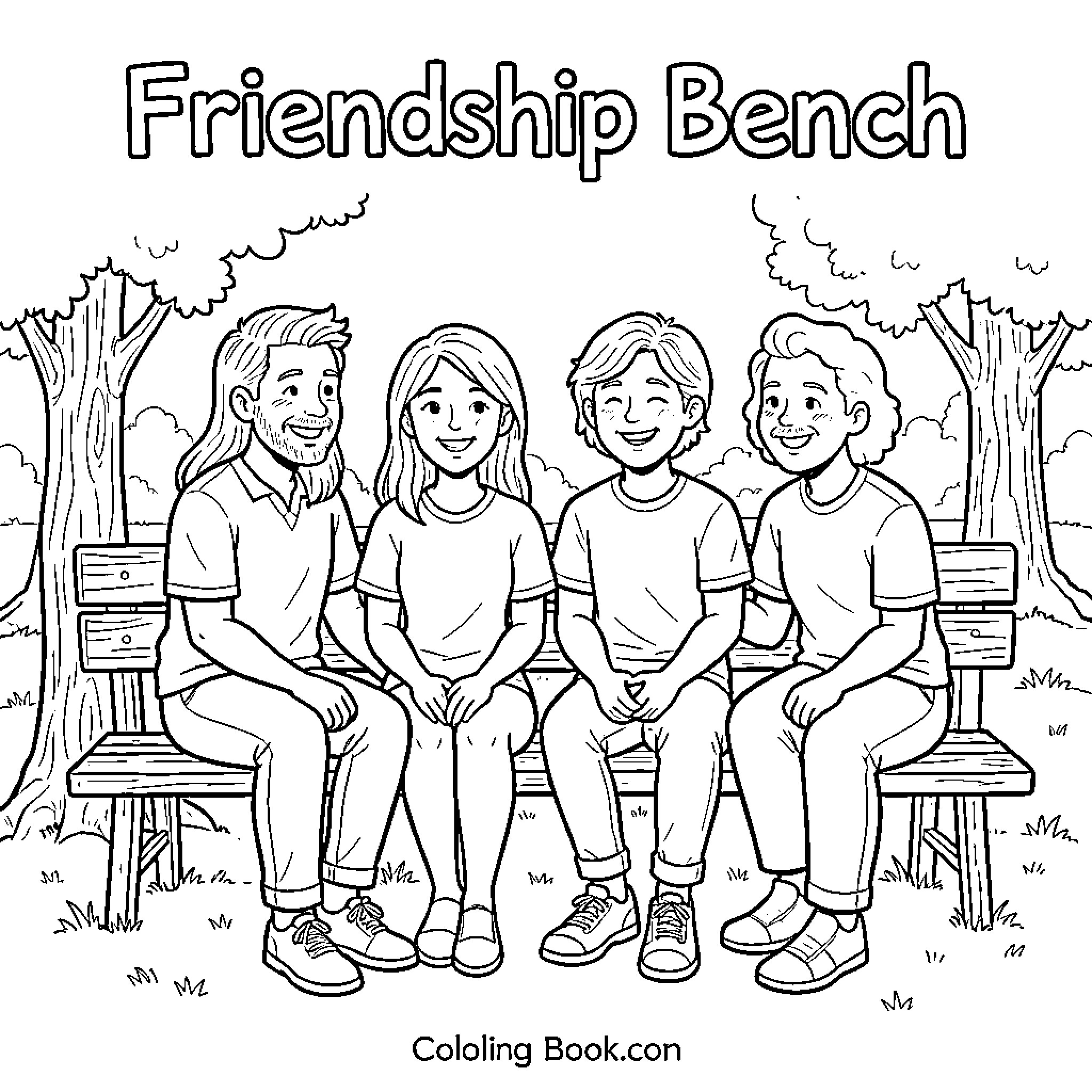 Friendship shared by four smiling people sitting on a bench Coloring Page (free black-and-white line drawing printable PDF for all, from beginners to advanced learners, including children, teens, adults, and seniors)