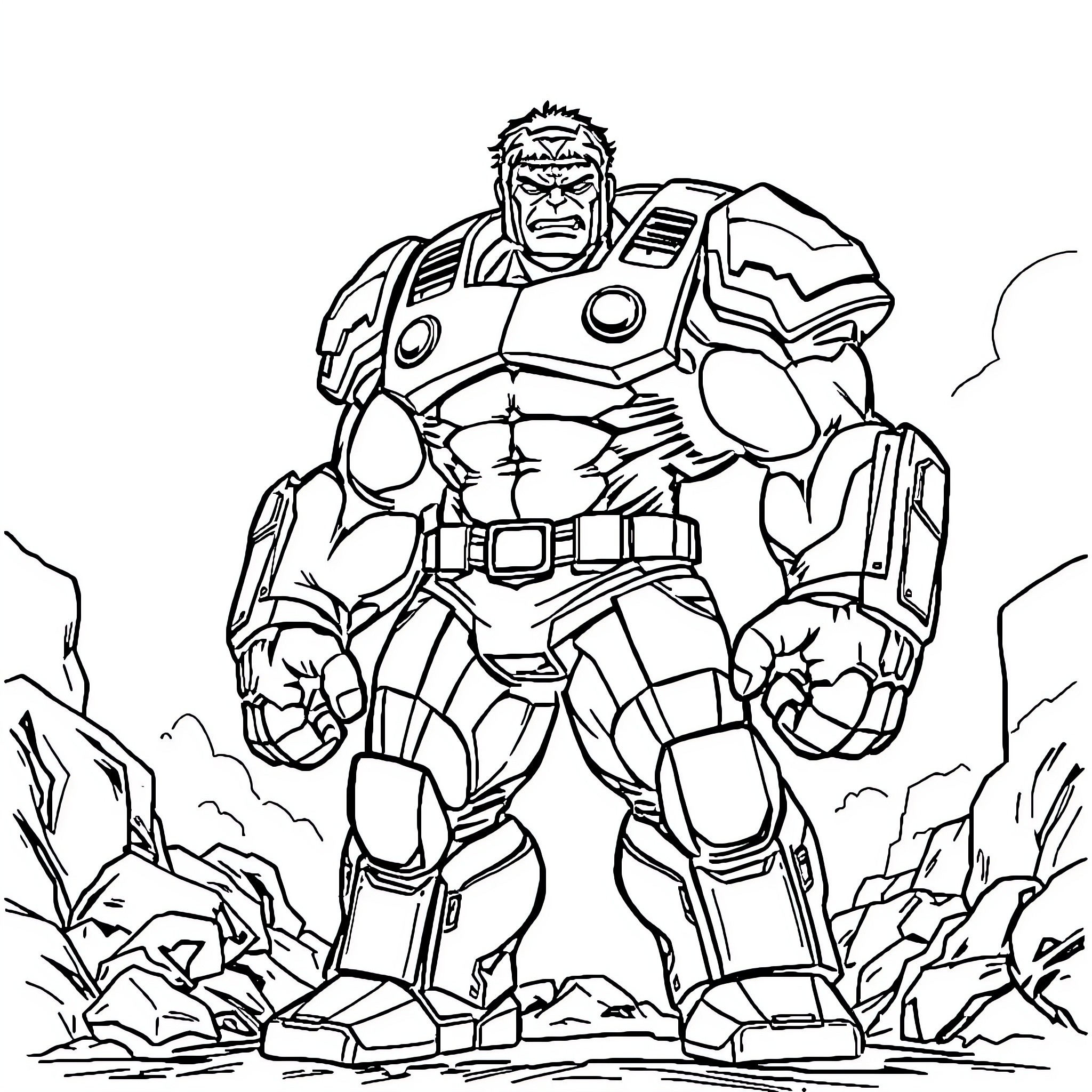 Hulk Mighty Warrior in Fierce Battle Stance Coloring Page (free black-and-white line drawing printable PDF for all, from beginners to advanced learners, including children, teens, adults, and seniors)