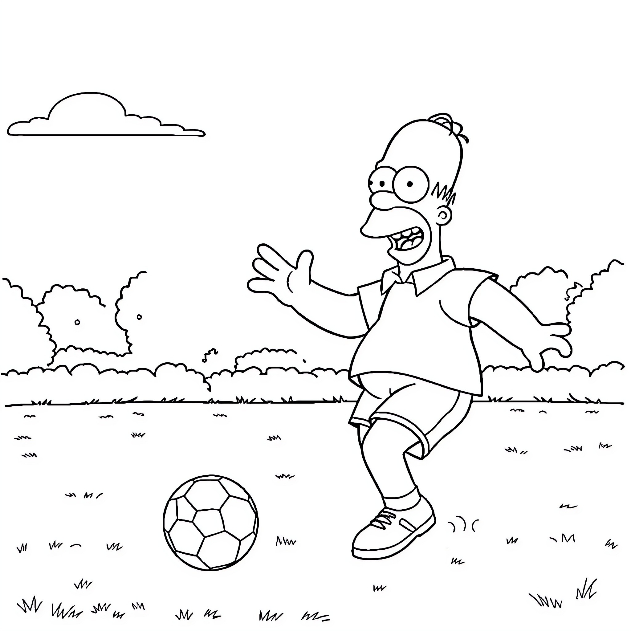 Homer Simpson playing soccer in a grassy field Coloring Page (free black-and-white line drawing printable PDF for all, from beginners to advanced learners, including children, teens, adults, and seniors)