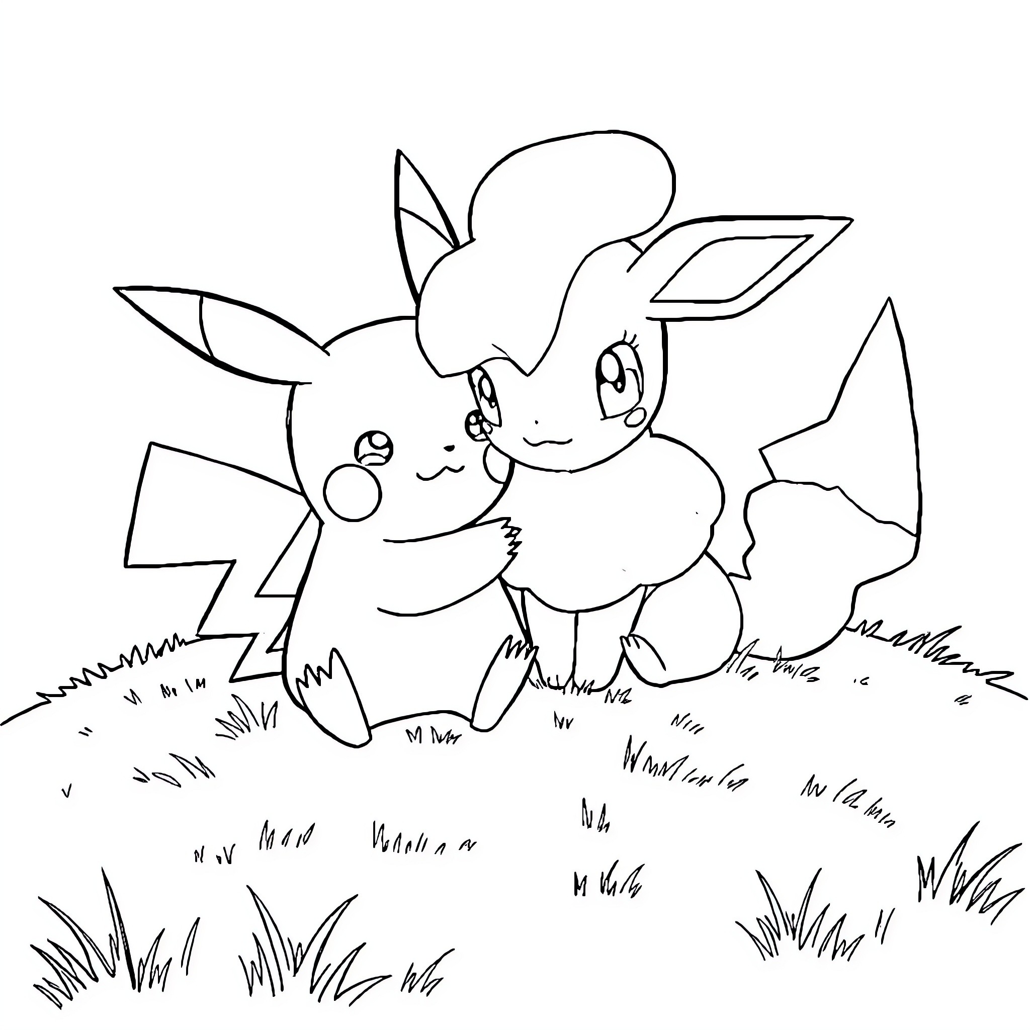 Pikachu playing happily in the meadow Coloring Page (free black-and-white line drawing printable PDF for all, from beginners to advanced learners, including children, teens, adults, and seniors)