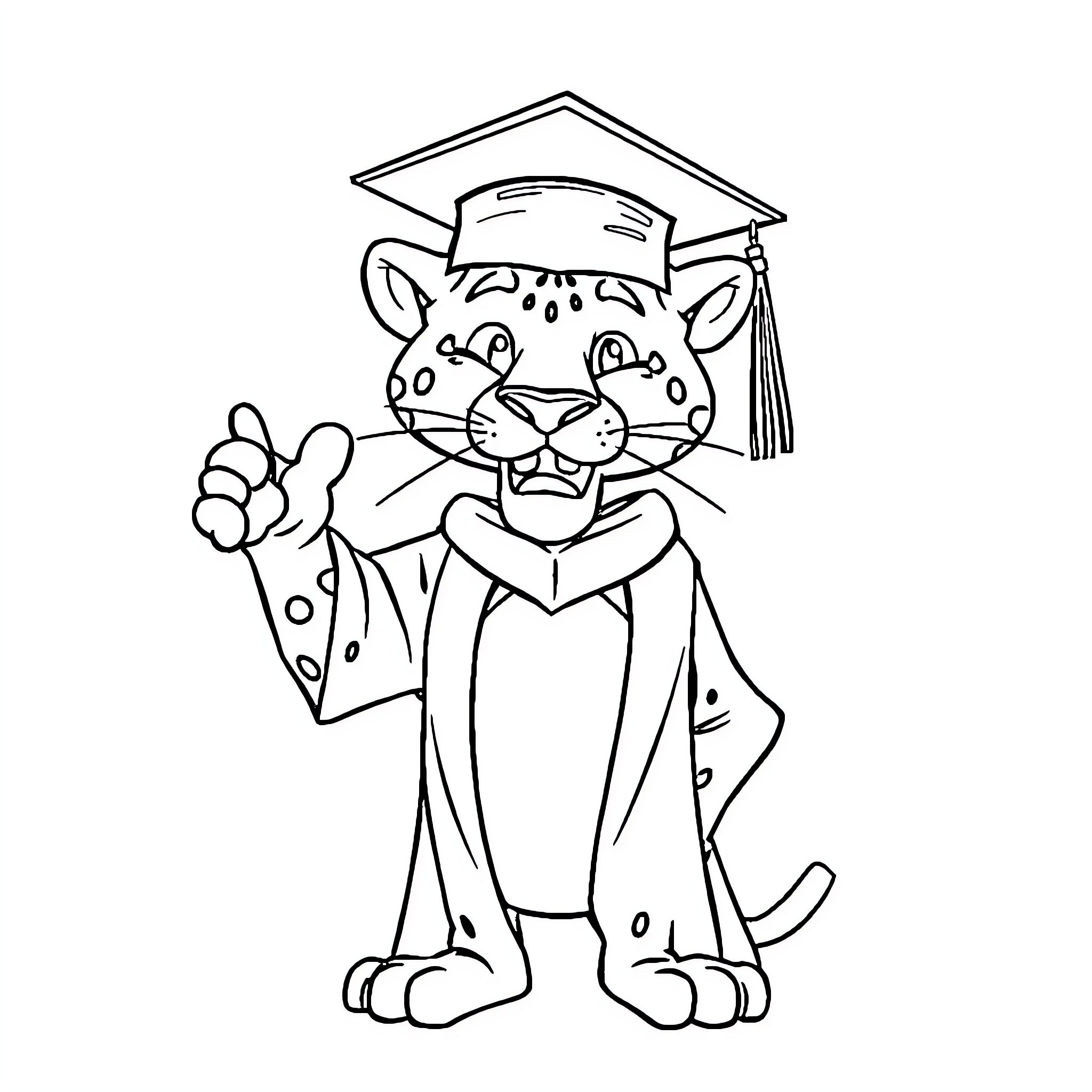 Panther in graduation gown with diploma Coloring Page (free black-and-white line drawing printable PDF for all, from beginners to advanced learners, including children, teens, adults, and seniors)