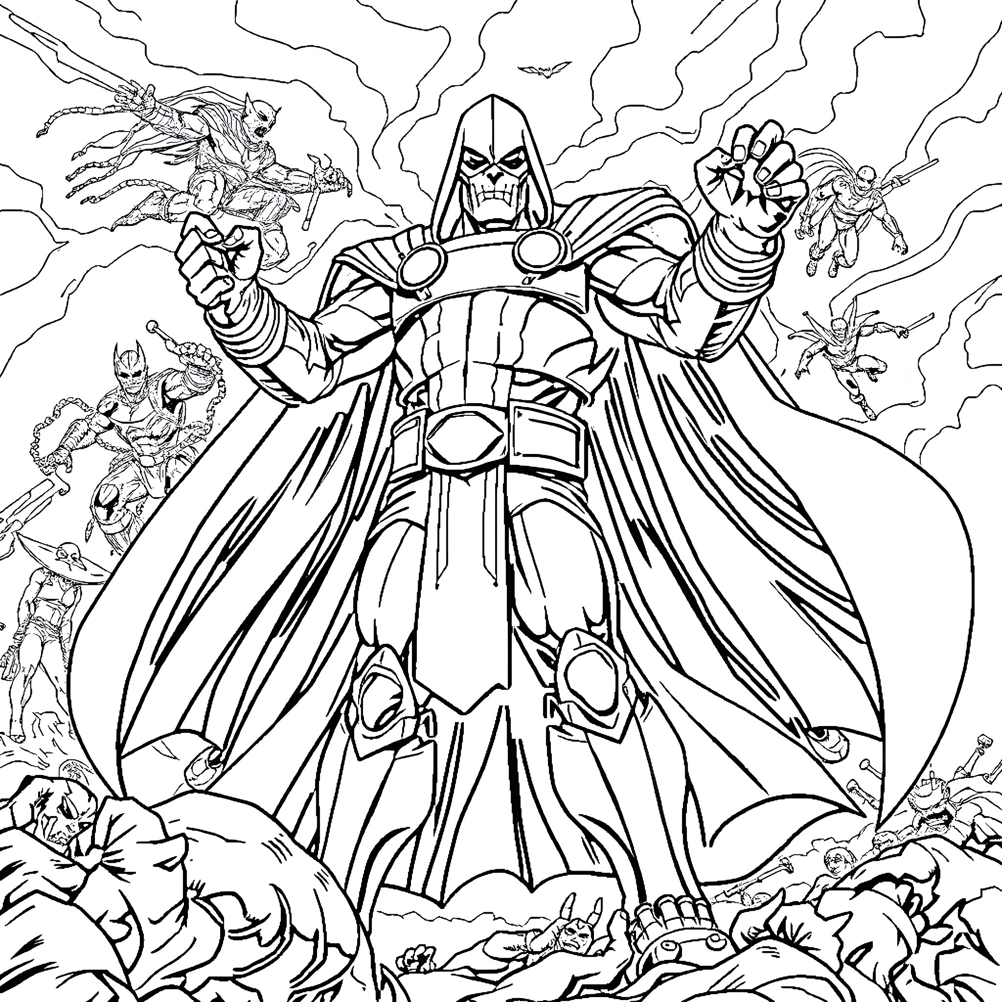 Doctor Doom Unleashing His Wrath Upon Adversaries Coloring Page (free black-and-white line drawing printable PDF for all, from beginners to advanced learners, including children, teens, adults, and seniors)