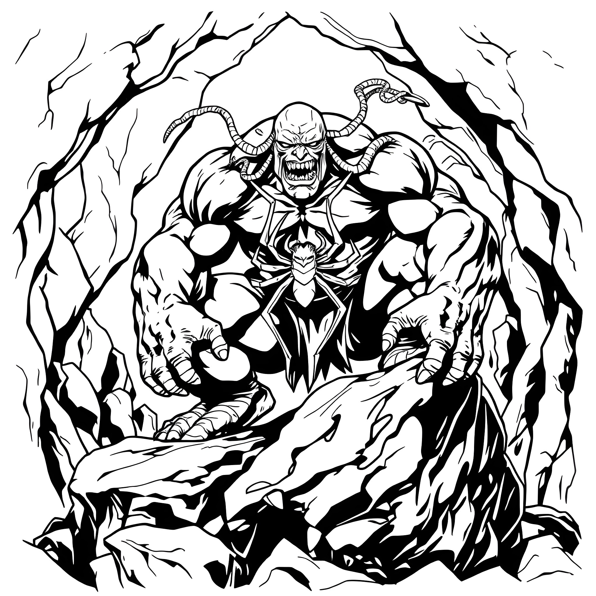 Man in fierce demonic form emerging from the darkness Coloring Page (free black-and-white line drawing printable PDF for all, from beginners to advanced learners, including children, teens, adults, and seniors)
