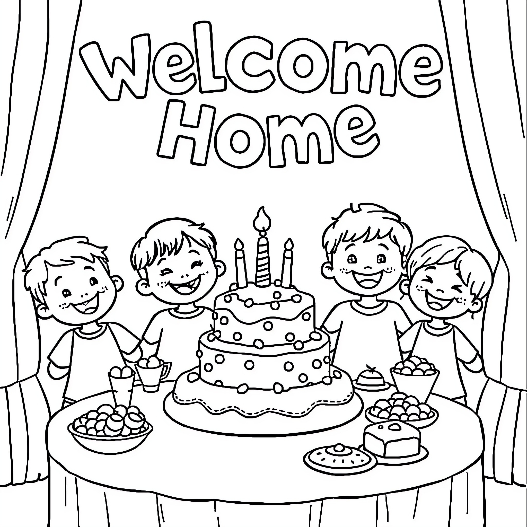 Children's Welcome Home Party Coloring Page (free black-and-white line drawing printable PDF for all, from beginners to advanced learners, including children, teens, adults, and seniors)