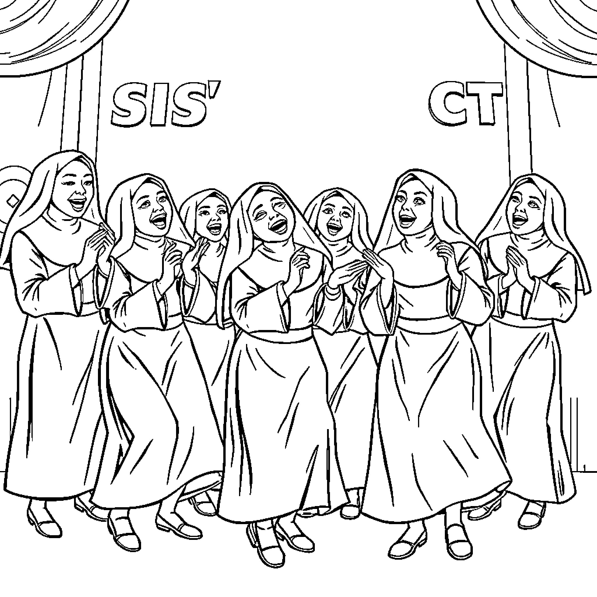 Sister Act: Group of Women in Religious Attire Performing Coloring Page (free black-and-white line drawing printable PDF for all, from beginners to advanced learners, including children, teens, adults, and seniors)