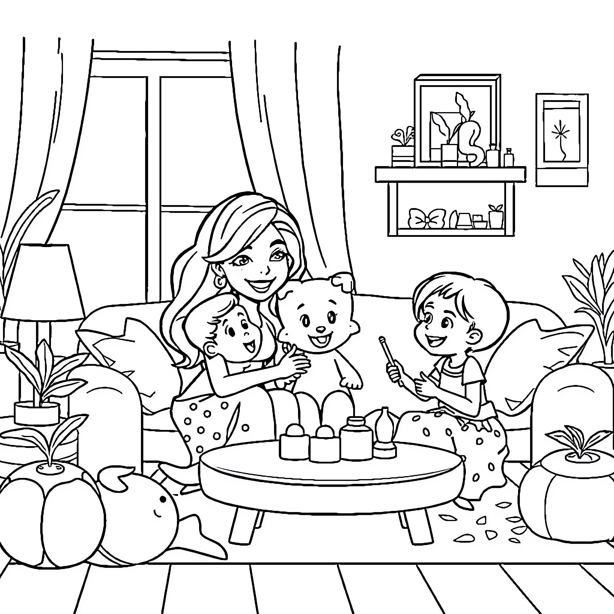Bluey's Family Fun and Adventure at Home Coloring Page (free black-and-white line drawing printable PDF for all, from beginners to advanced learners, including children, teens, adults, and seniors)