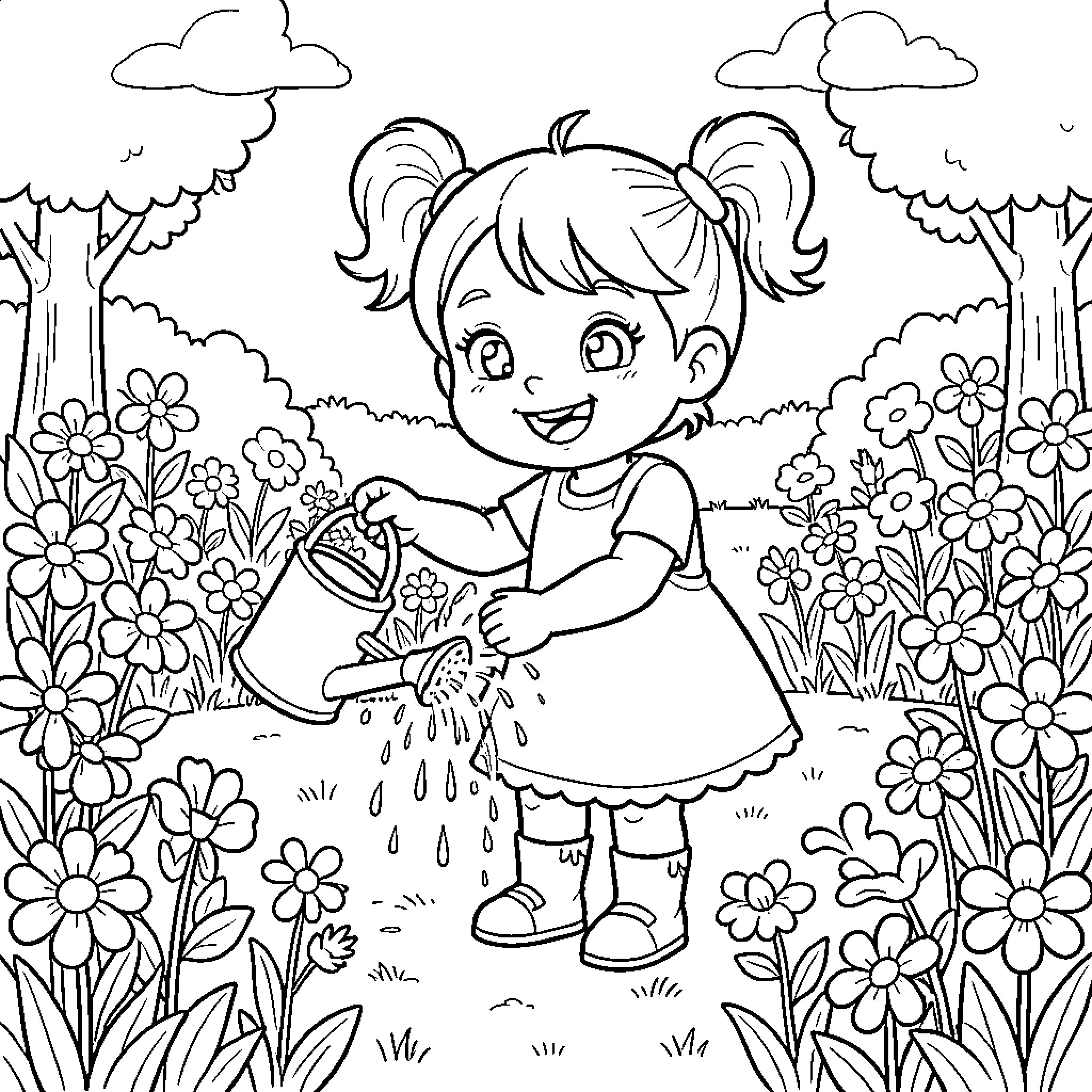 Toddler watering flowers in a garden Coloring Page (free black-and-white line drawing printable PDF for all, from beginners to advanced learners, including children, teens, adults, and seniors)
