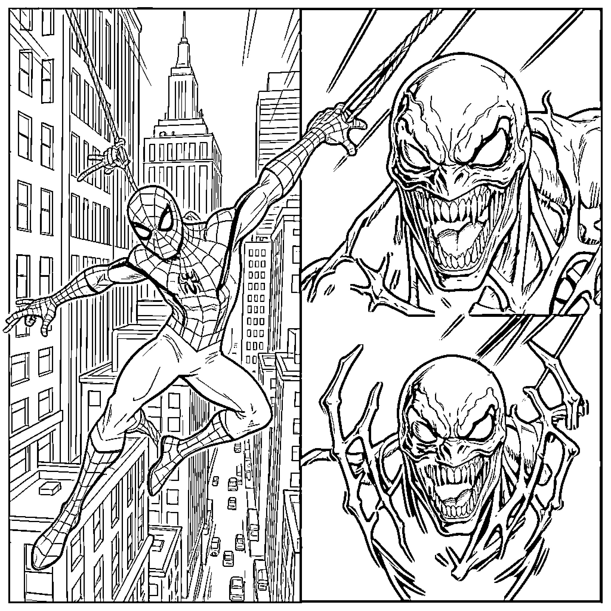 Spiderman facing villainous foes in the city Coloring Page (free black-and-white line drawing printable PDF for all, from beginners to advanced learners, including children, teens, adults, and seniors)