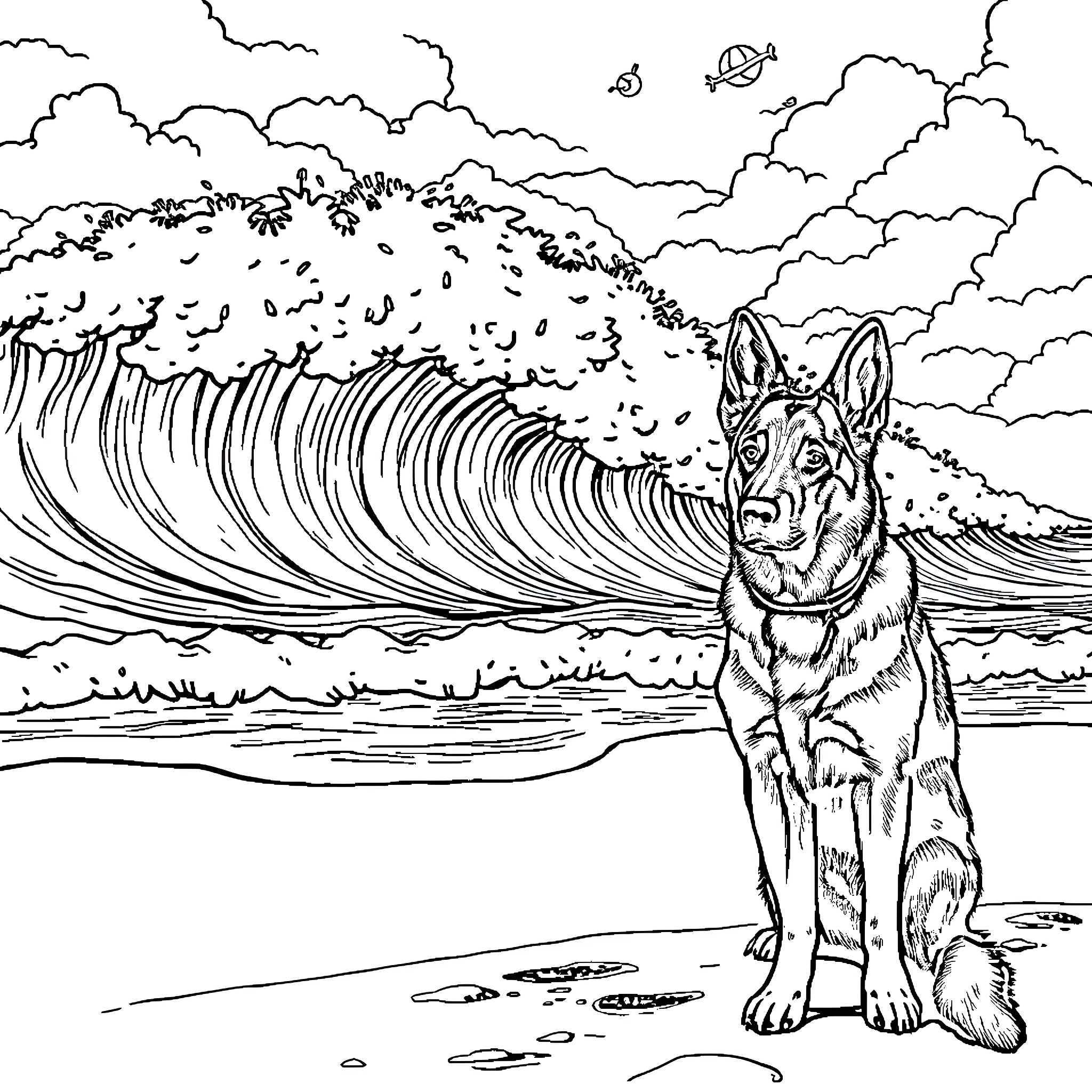 German Shepherd observing a massive wave in the ocean Coloring Page (free black-and-white line drawing printable PDF for all, from beginners to advanced learners, including children, teens, adults, and seniors)