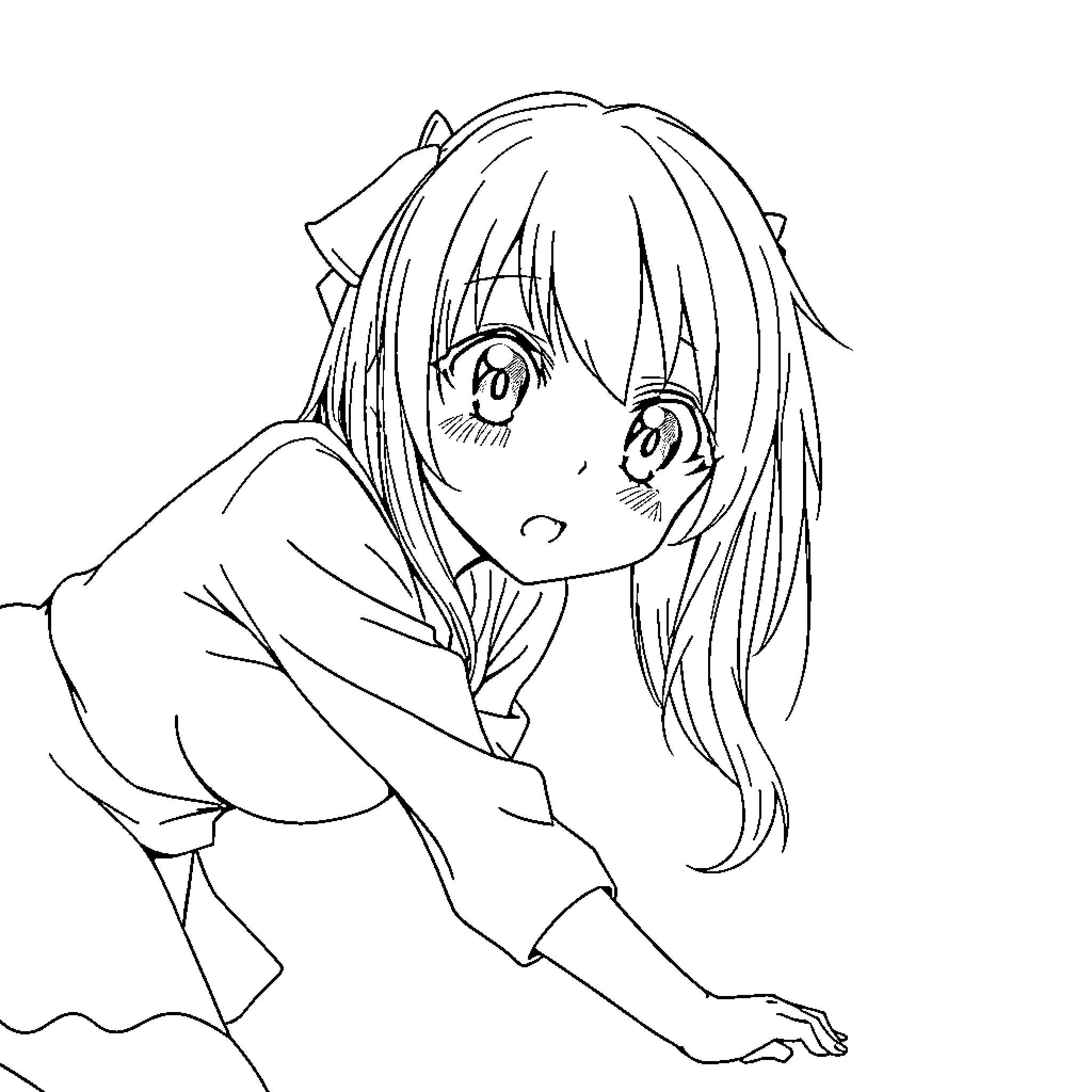 Anime Girl Sitting on the Ground with Thoughtful Expression Coloring Page (free black-and-white line drawing printable PDF for all, from beginners to advanced learners, including children, teens, adults, and seniors)