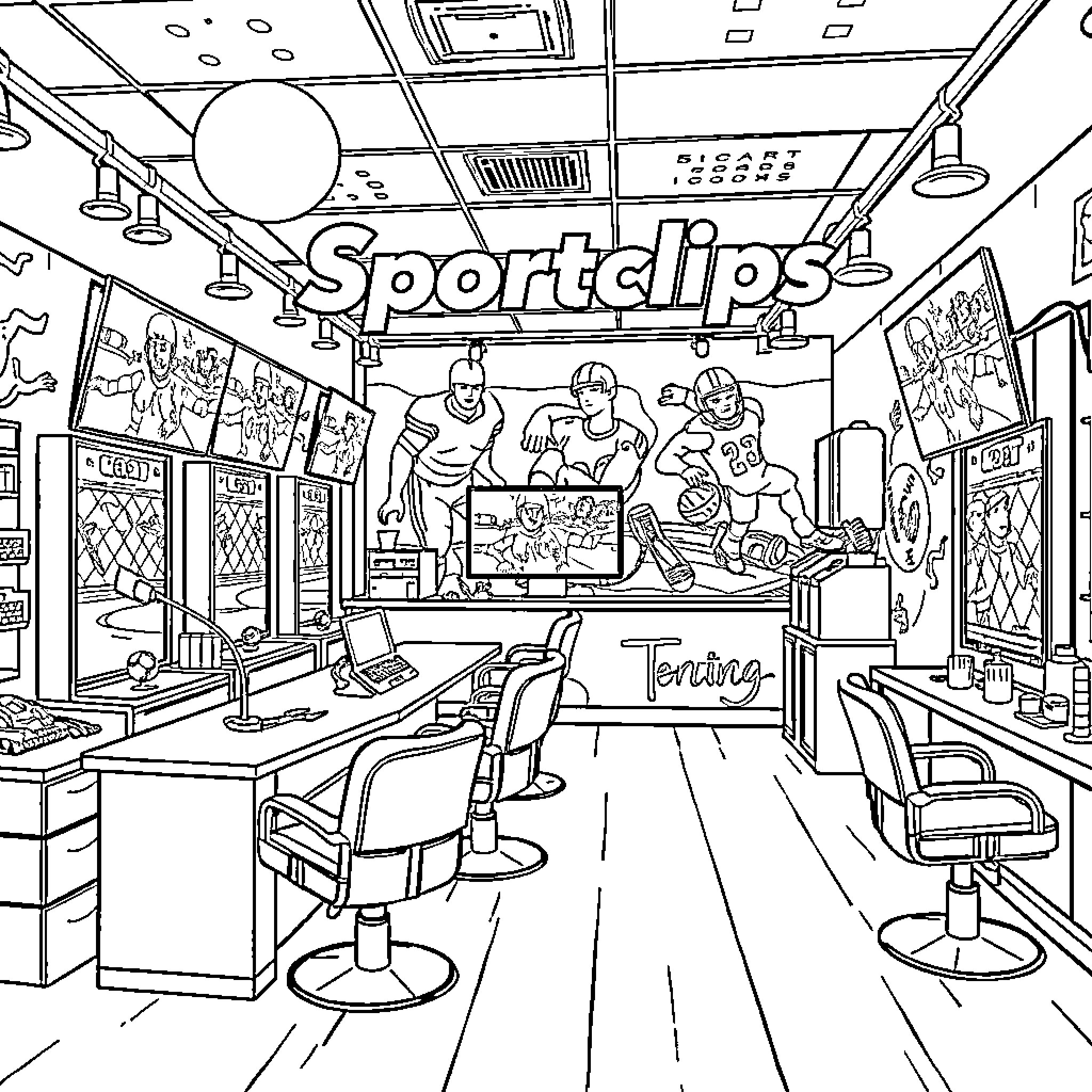Sportclips: Energetic Sports-Themed Barbershop Interior Coloring Page (free black-and-white line drawing printable PDF for all, from beginners to advanced learners, including children, teens, adults, and seniors)