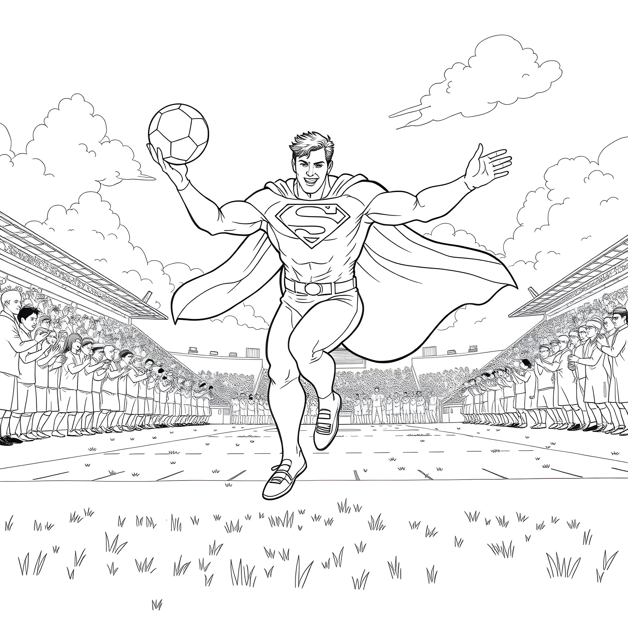 Superman playing soccer in the stadium Coloring Page (free black-and-white line drawing printable PDF for all, from beginners to advanced learners, including children, teens, adults, and seniors)