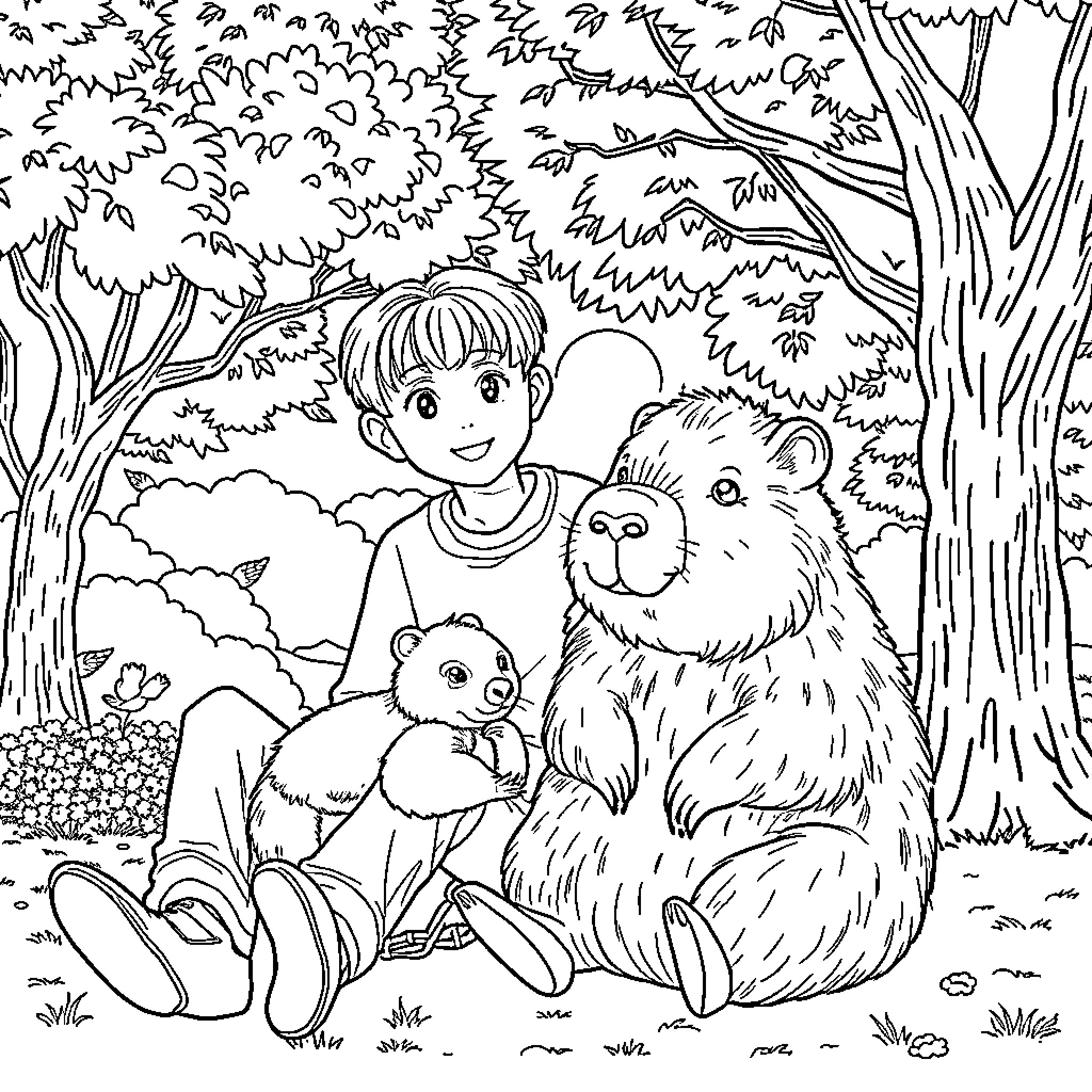 Rumi and friends explore the wondrous forest Coloring Page (free black-and-white line drawing printable PDF for all, from beginners to advanced learners, including children, teens, adults, and seniors)