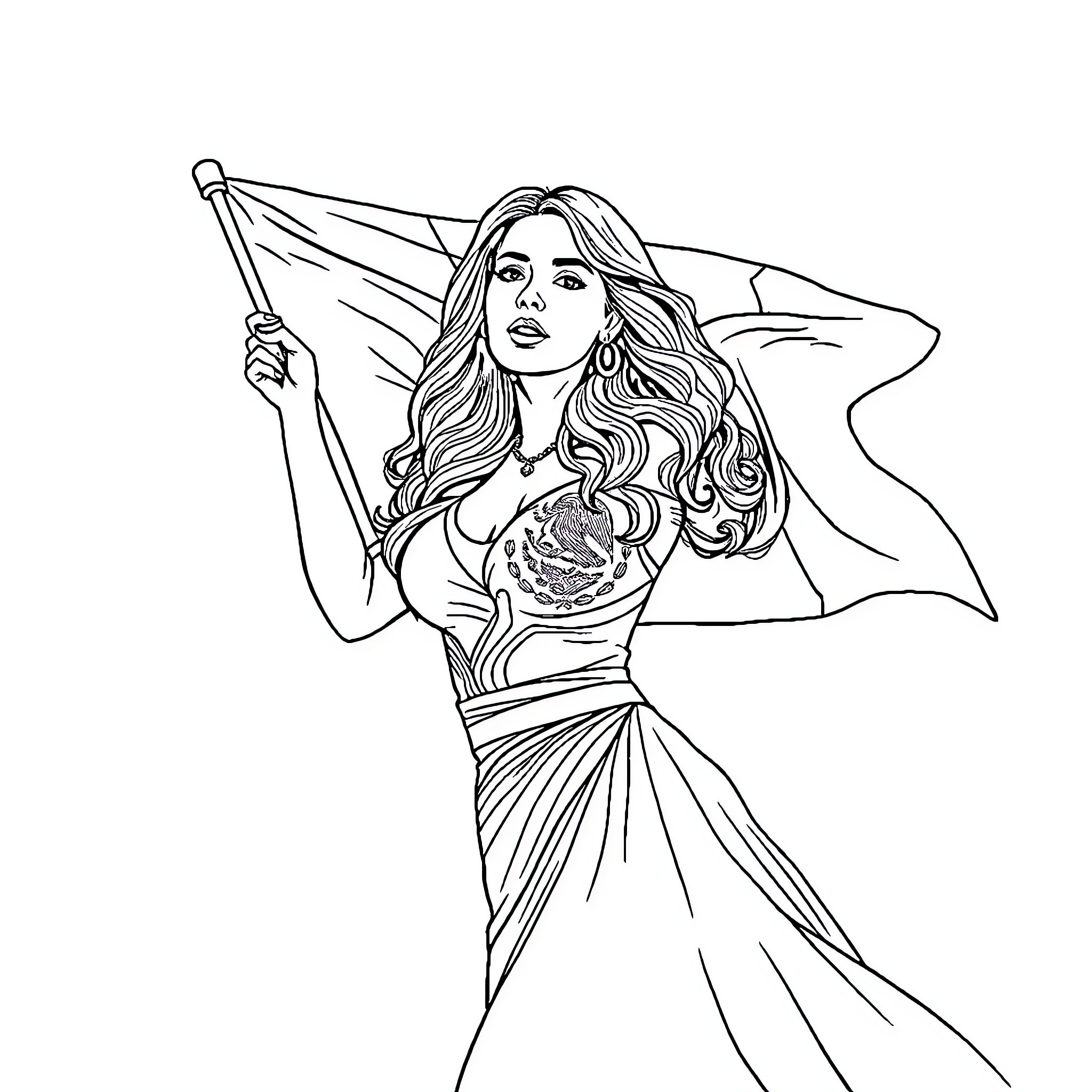 Lana Del Rey waving a flag with determination Coloring Page (free black-and-white line drawing printable PDF for all, from beginners to advanced learners, including children, teens, adults, and seniors)