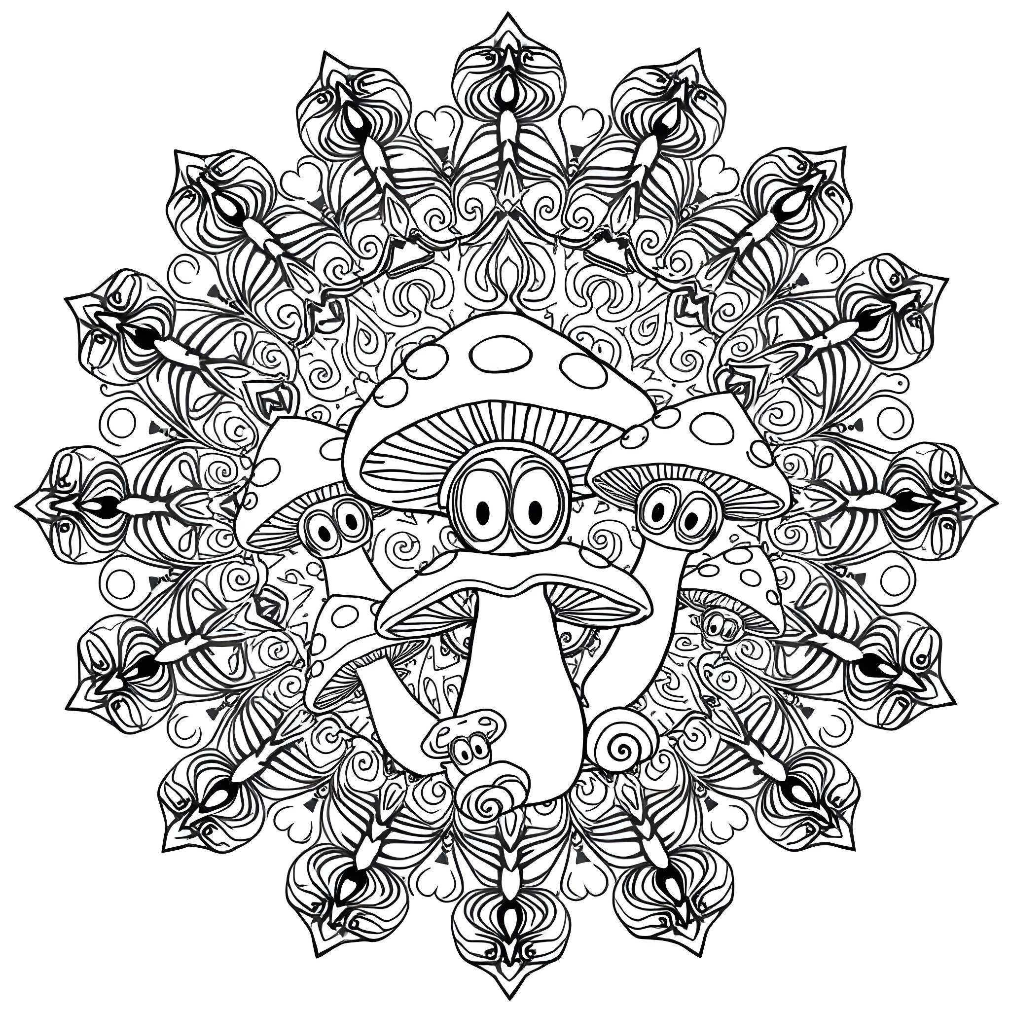 Mushroom Mandala with Whimsical Characters Coloring Page (free black-and-white line drawing printable PDF for all, from beginners to advanced learners, including children, teens, adults, and seniors)