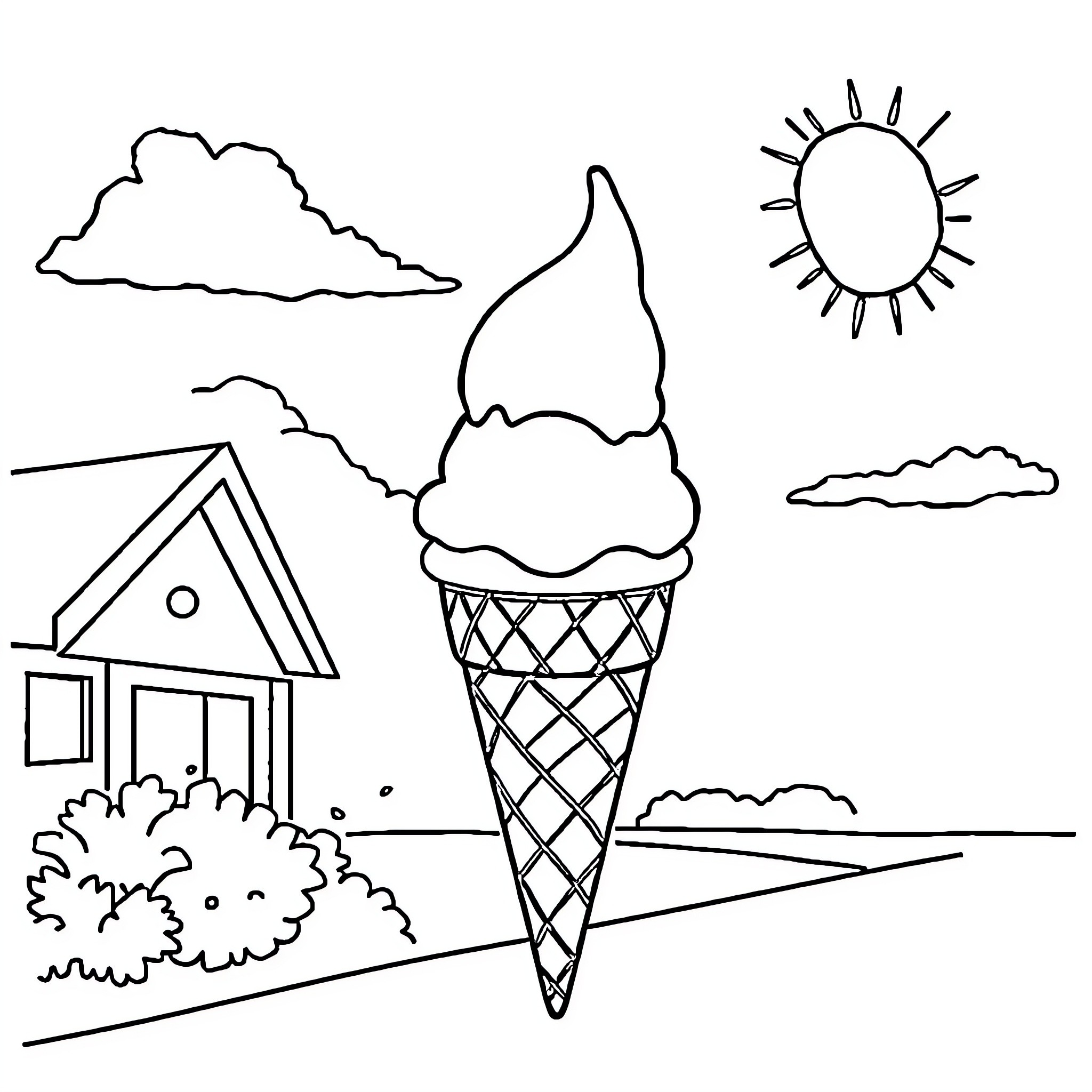 Ice Cream Cone on a Sunny Day Coloring Page (free black-and-white line drawing printable PDF for all, from beginners to advanced learners, including children, teens, adults, and seniors)