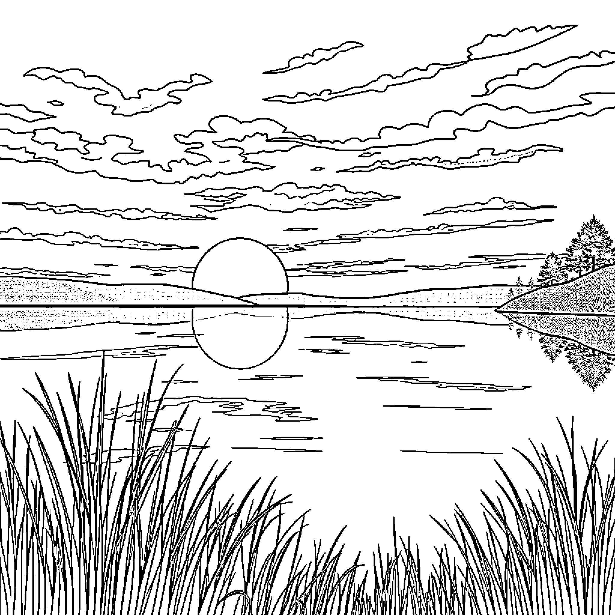 Sunset over tranquil lake and landscape Coloring Page (free black-and-white line drawing printable PDF for all, from beginners to advanced learners, including children, teens, adults, and seniors)