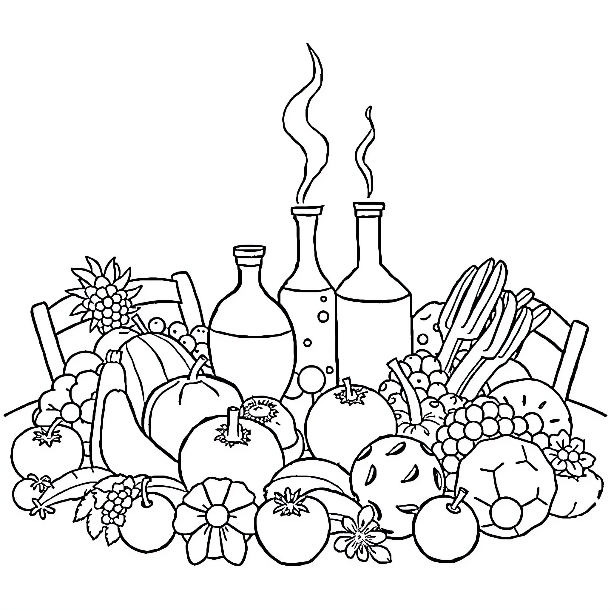 Element of assorted fruits and plants Coloring Page (free black-and-white line drawing printable PDF for all, from beginners to advanced learners, including children, teens, adults, and seniors)
