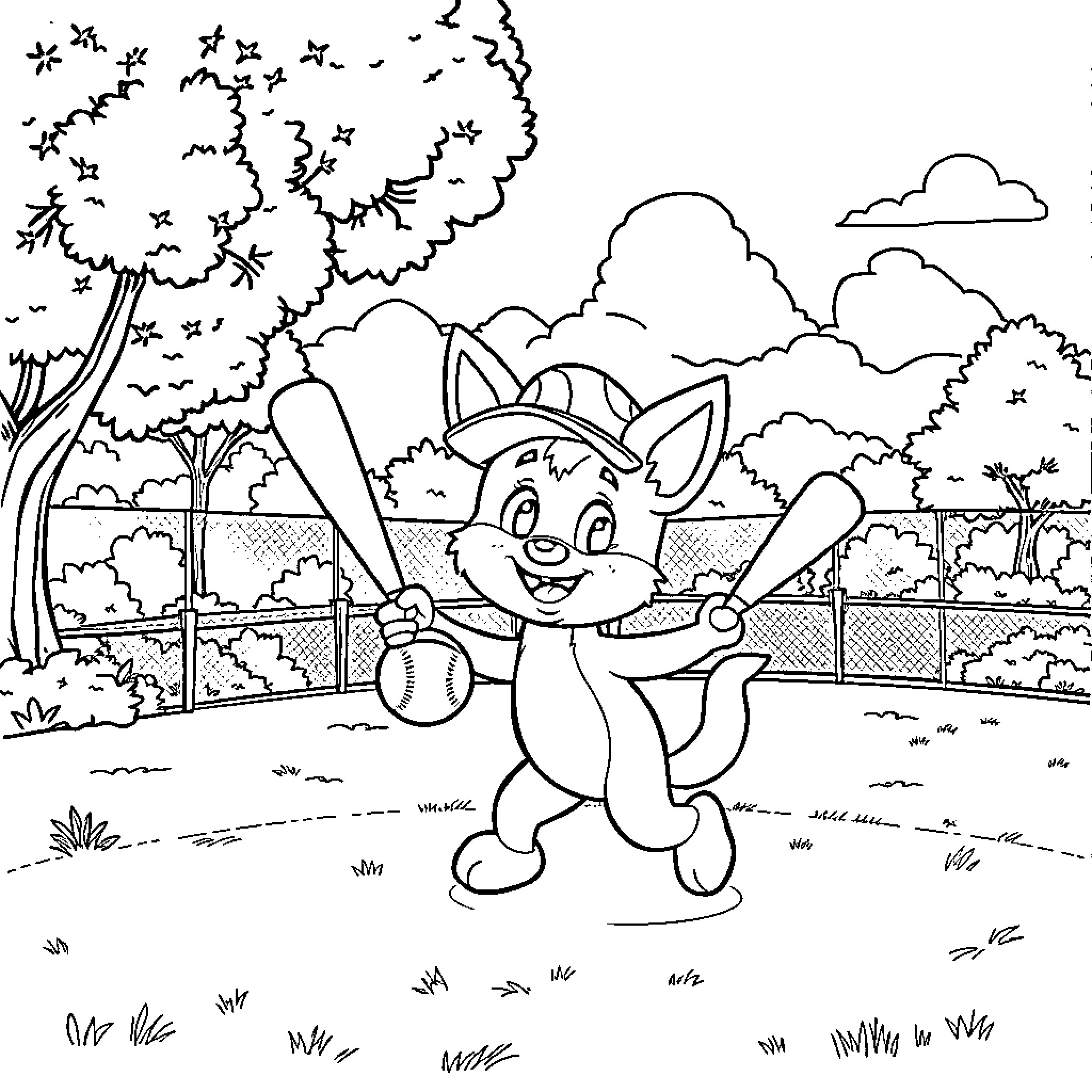 Bluey playing happily with a baseball in the park Coloring Page (free black-and-white line drawing printable PDF for all, from beginners to advanced learners, including children, teens, adults, and seniors)
