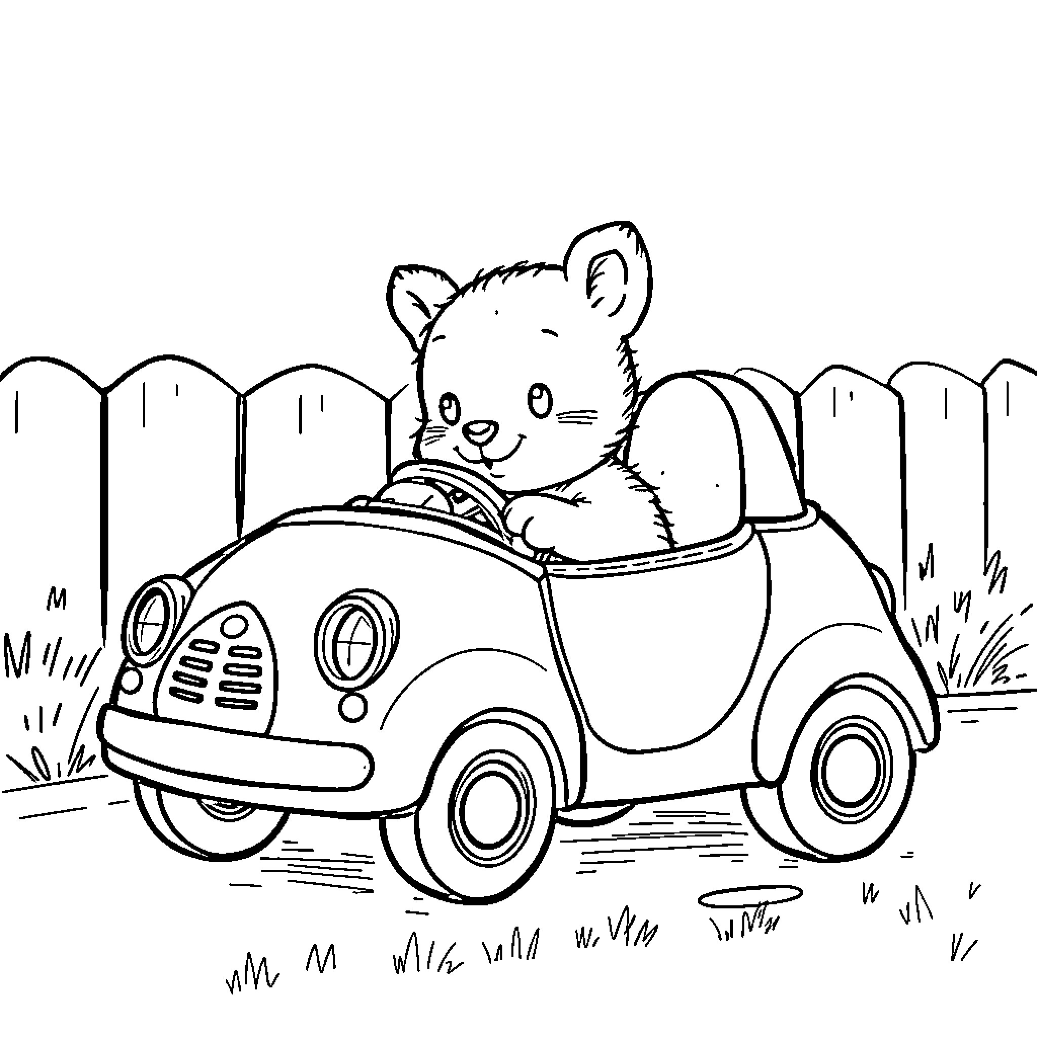 Teddy Bear driving a toy car in the yard Coloring Page (free black-and-white line drawing printable PDF for all, from beginners to advanced learners, including children, teens, adults, and seniors)