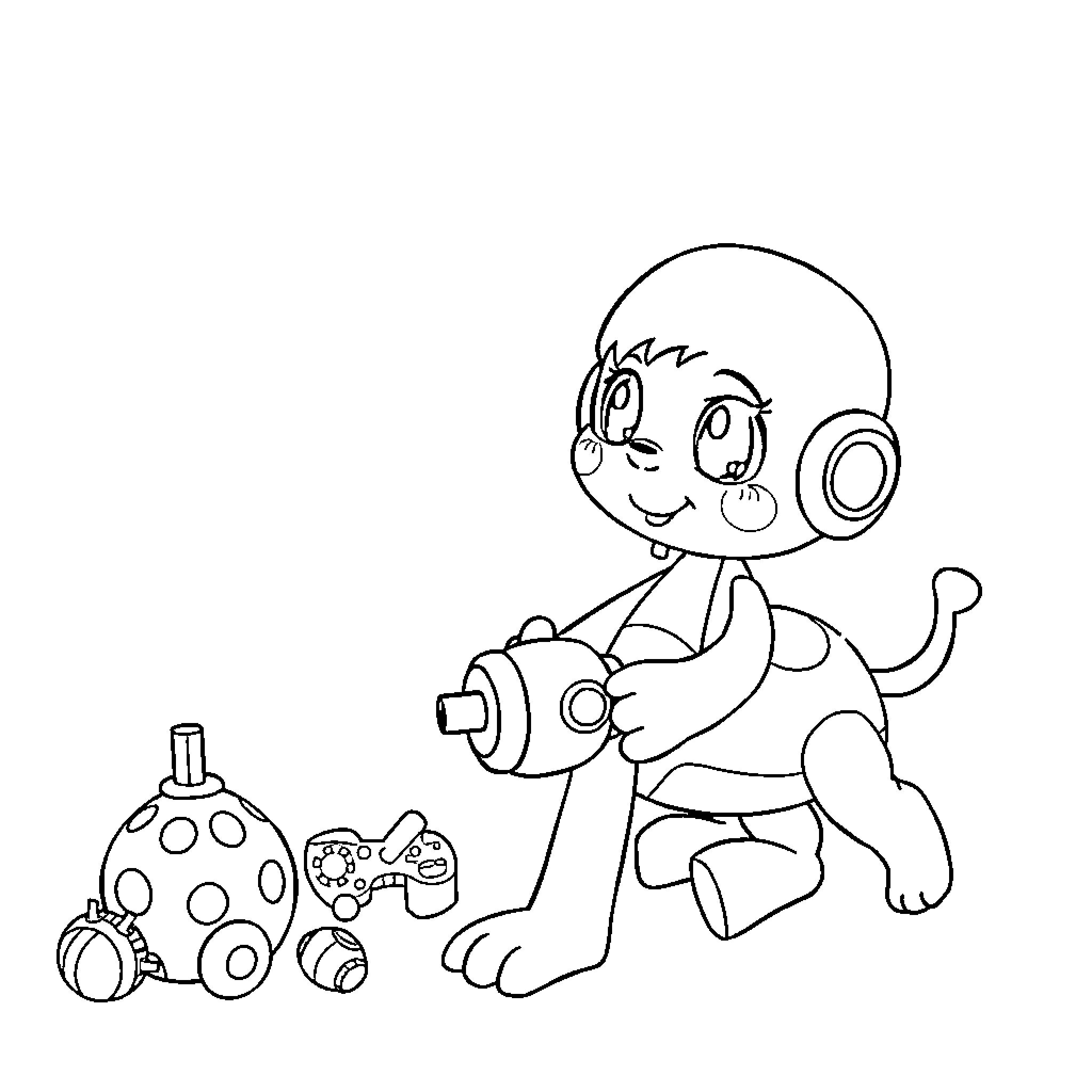 Kid playing happily with robotic toys Coloring Page (free black-and-white line drawing printable PDF for all, from beginners to advanced learners, including children, teens, adults, and seniors)