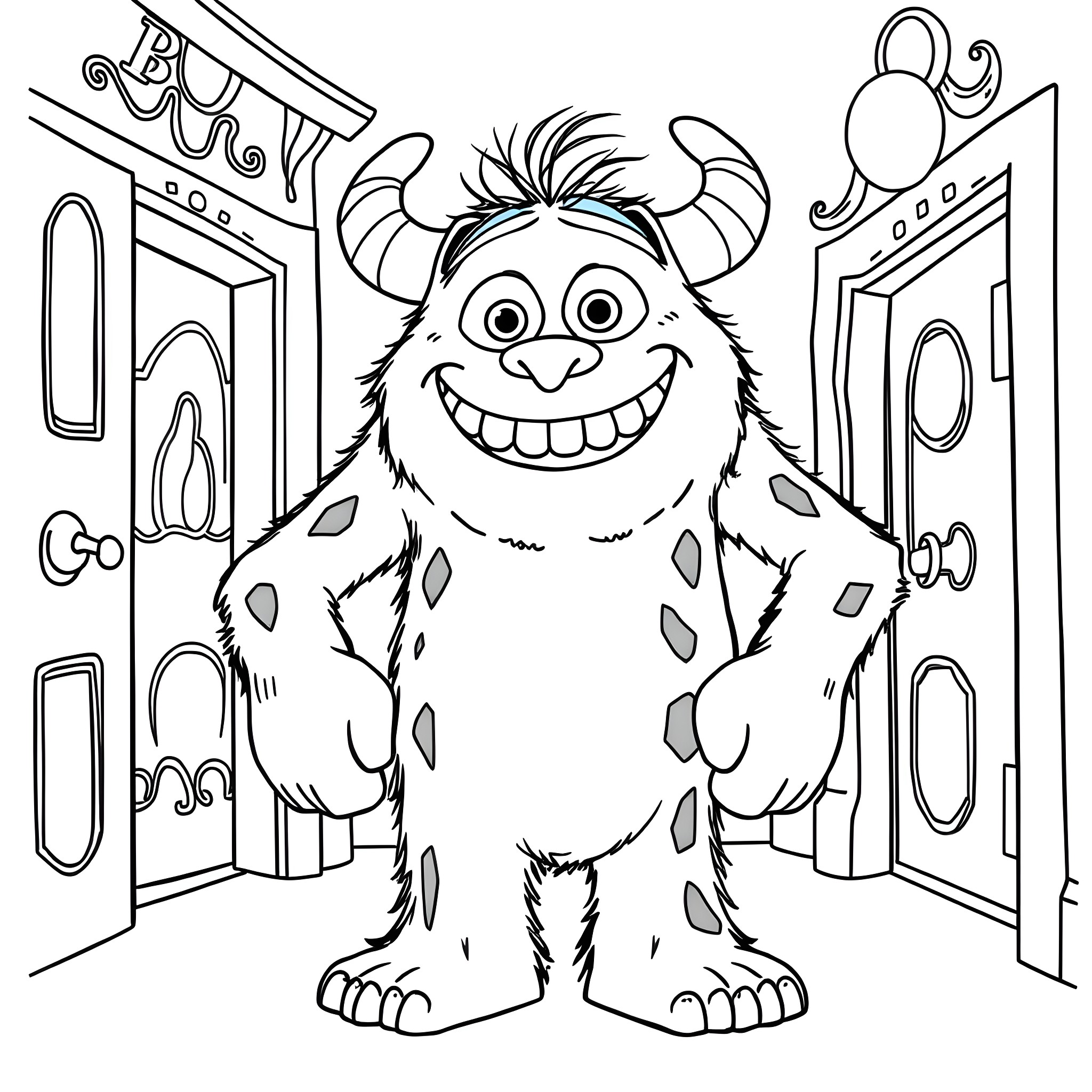 Sulley welcomes you to his cozy home Coloring Page (free black-and-white line drawing printable PDF for all, from beginners to advanced learners, including children, teens, adults, and seniors)