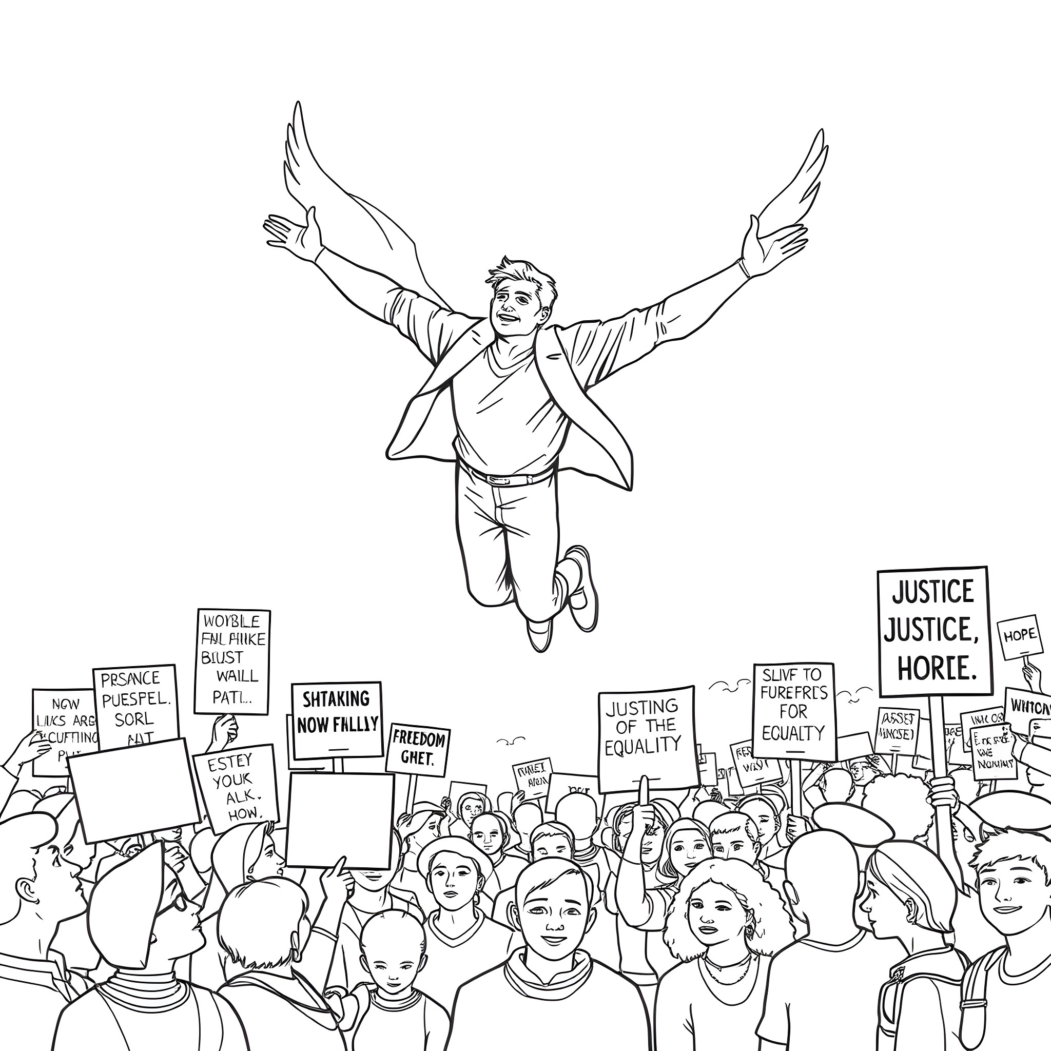 George Floyd: People marching for justice and equality Coloring Page (free black-and-white line drawing printable PDF for all, from beginners to advanced learners, including children, teens, adults, and seniors)