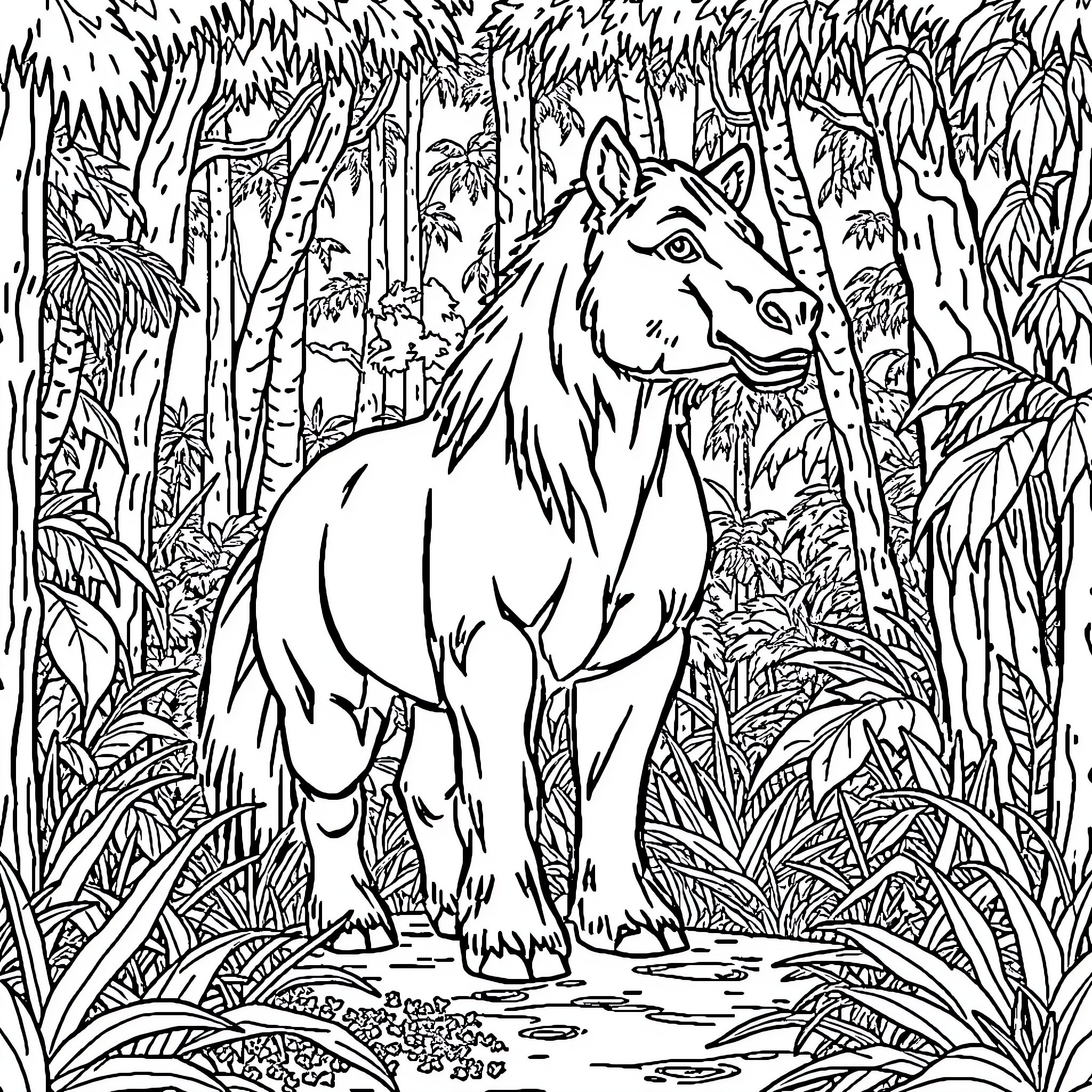 Bear Horse in Lush Jungle Landscape Coloring Page (free black-and-white line drawing printable PDF for all, from beginners to advanced learners, including children, teens, adults, and seniors)