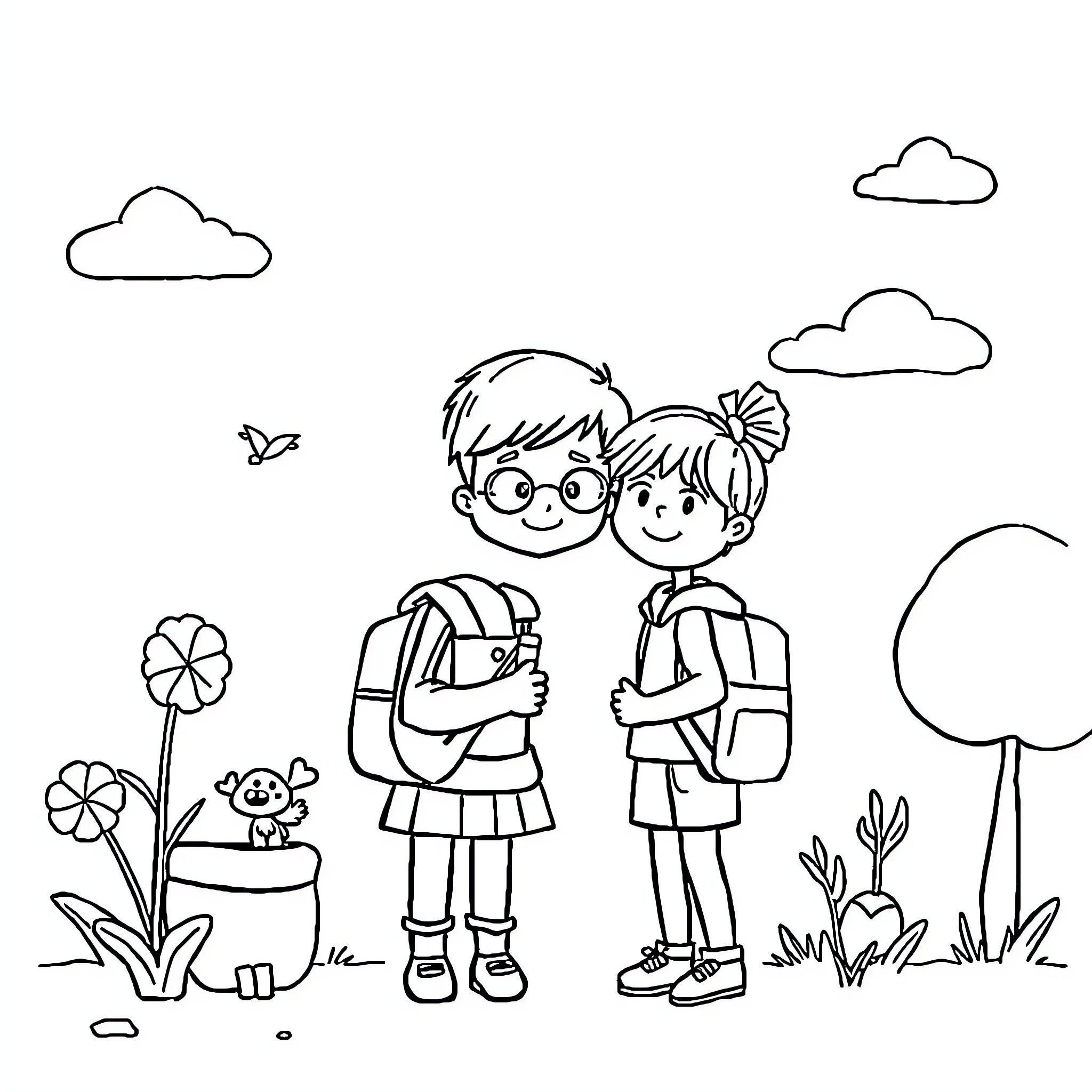 Back to School: Kids Heading to Class Coloring Page (free black-and-white line drawing printable PDF for all, from beginners to advanced learners, including children, teens, adults, and seniors)