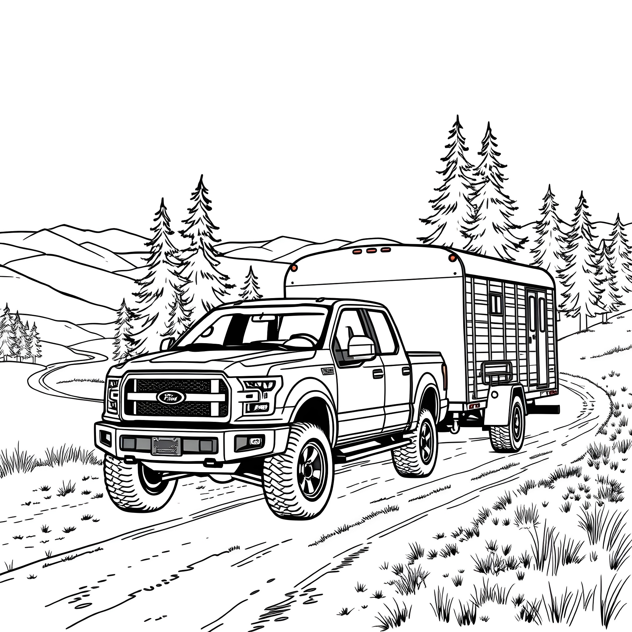 Pickup truck hauling trailer on mountain road Coloring Page (free black-and-white line drawing printable PDF for all, from beginners to advanced learners, including children, teens, adults, and seniors)