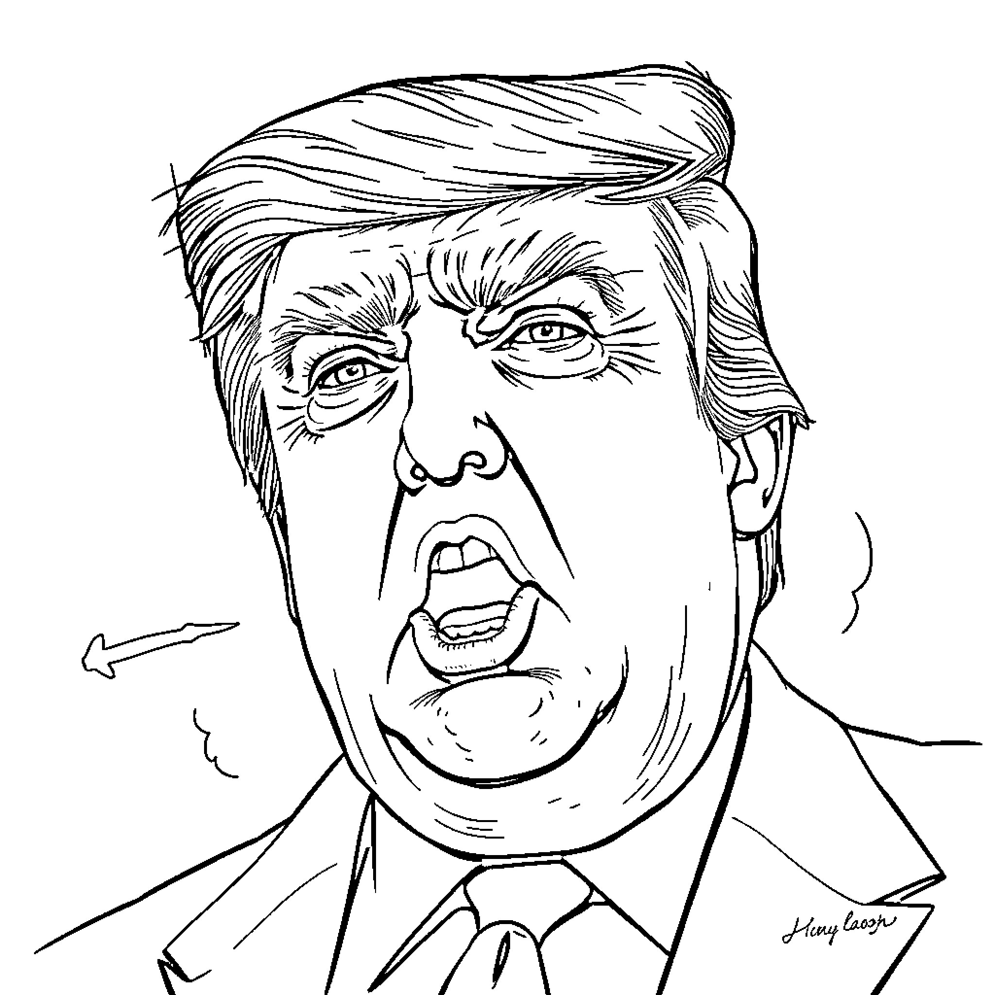 Donald Trump's Angry Expression and Windswept Hair Coloring Page (free black-and-white line drawing printable PDF for all, from beginners to advanced learners, including children, teens, adults, and seniors)
