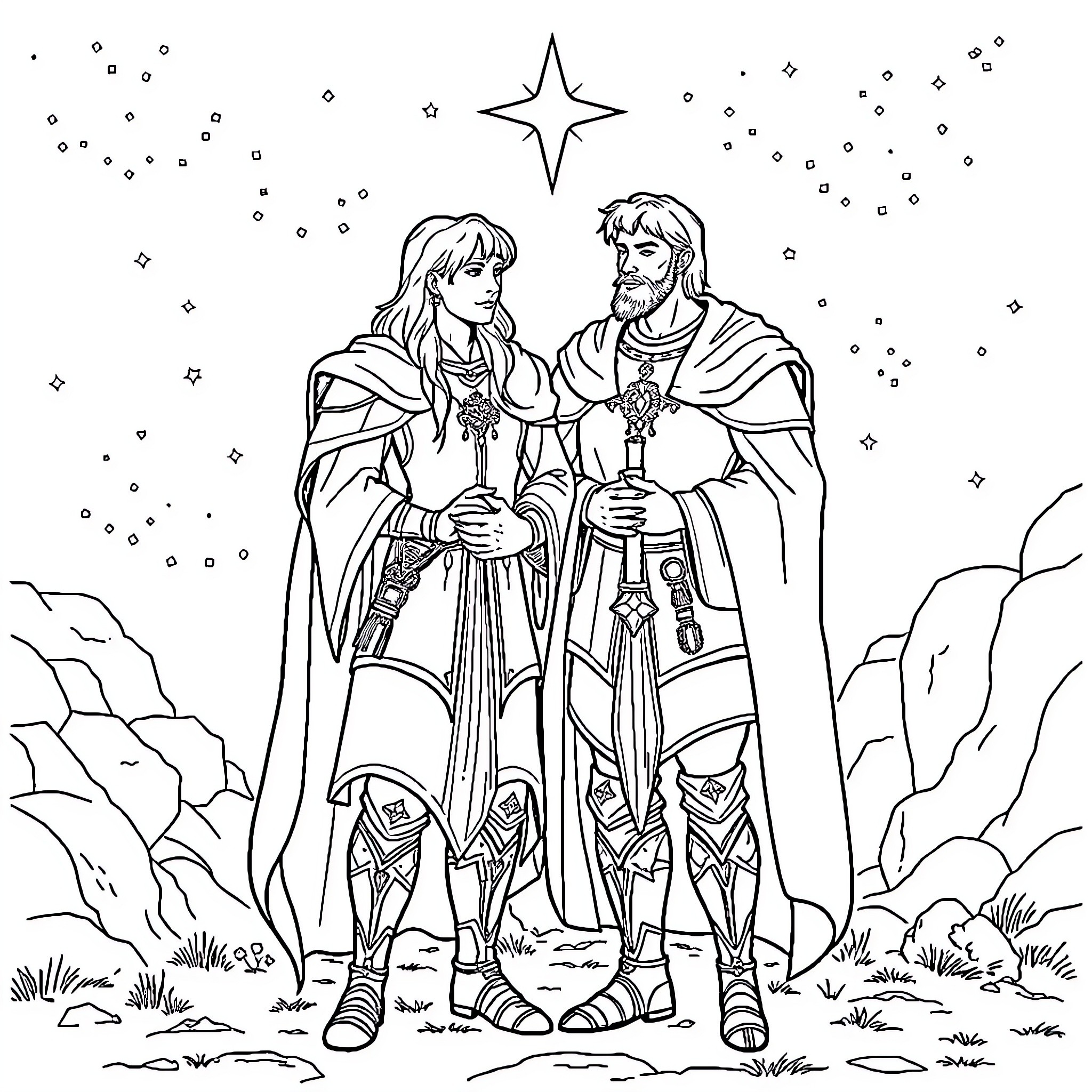 Merthur's Magical Moonlit Adventure Coloring Page (free black-and-white line drawing printable PDF for all, from beginners to advanced learners, including children, teens, adults, and seniors)