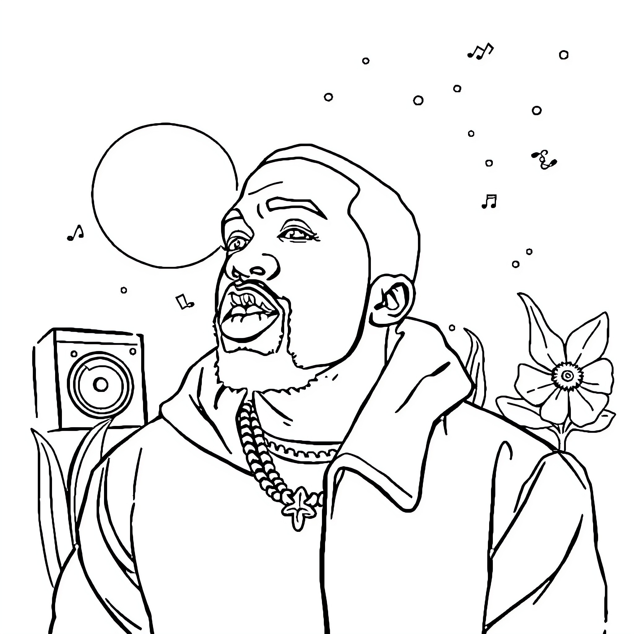 Kanye West singing joyfully with musical notes Coloring Page (free black-and-white line drawing printable PDF for all, from beginners to advanced learners, including children, teens, adults, and seniors)