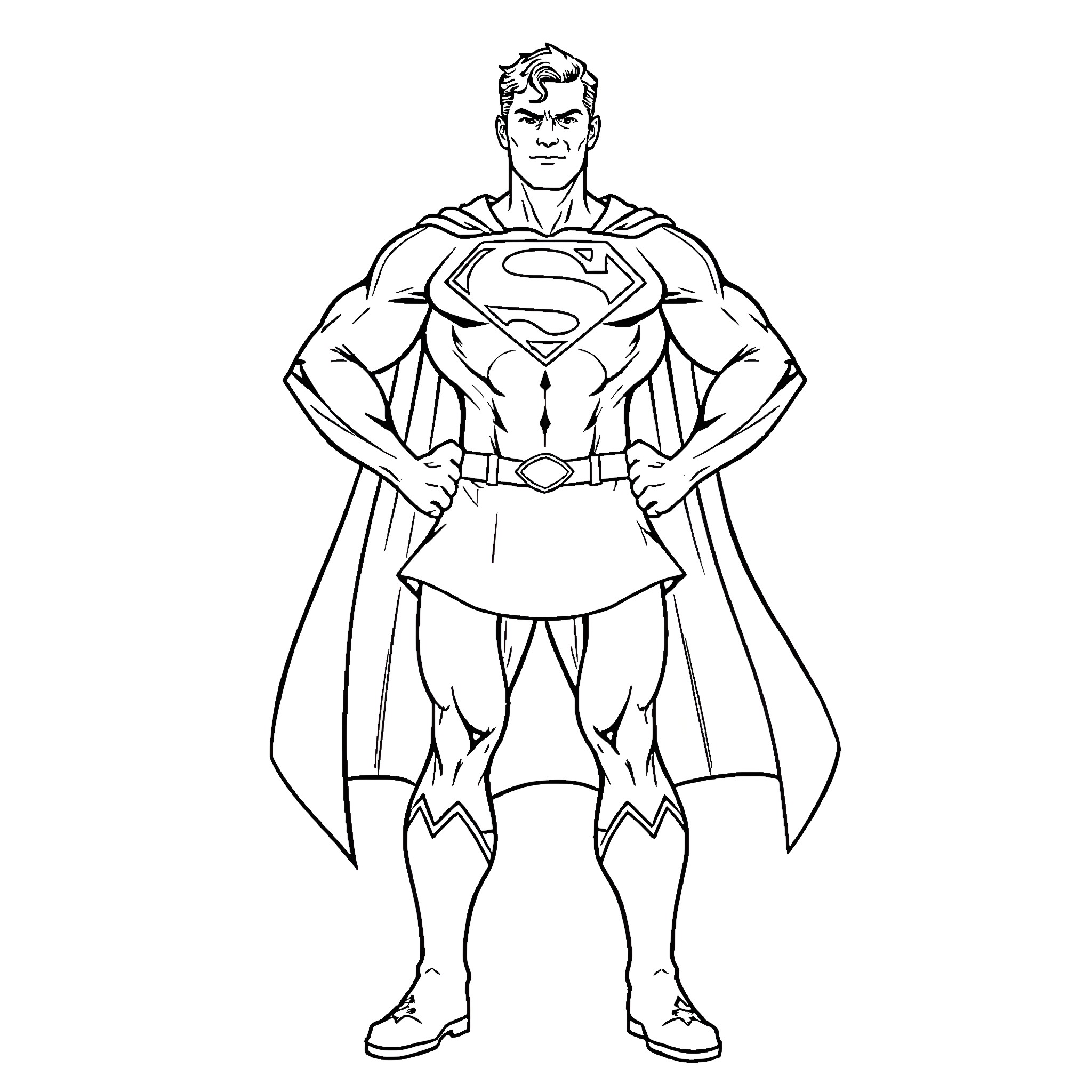 Superman standing heroically in his iconic costume Coloring Page (free black-and-white line drawing printable PDF for all, from beginners to advanced learners, including children, teens, adults, and seniors)