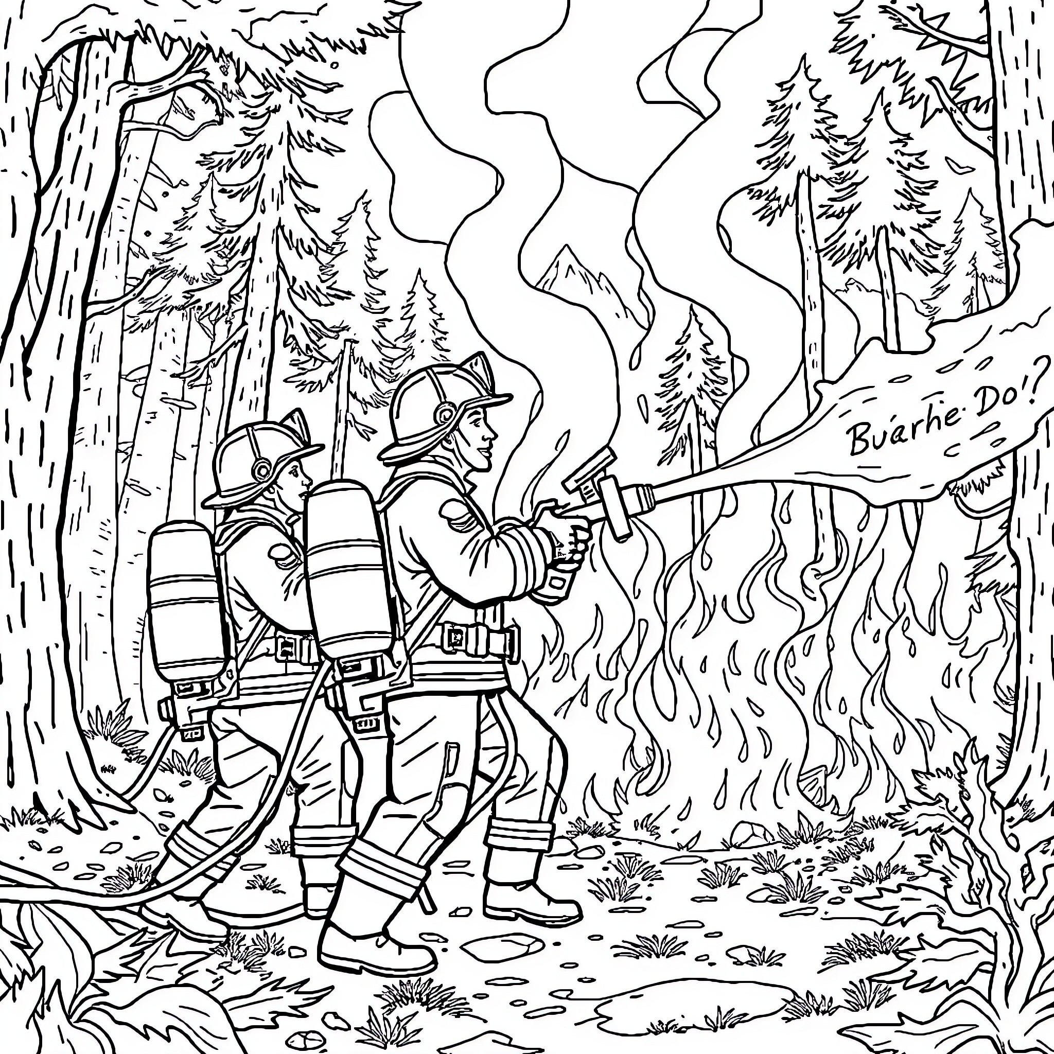 Firefighters battling a forest blaze Coloring Page (free black-and-white line drawing printable PDF for all, from beginners to advanced learners, including children, teens, adults, and seniors)