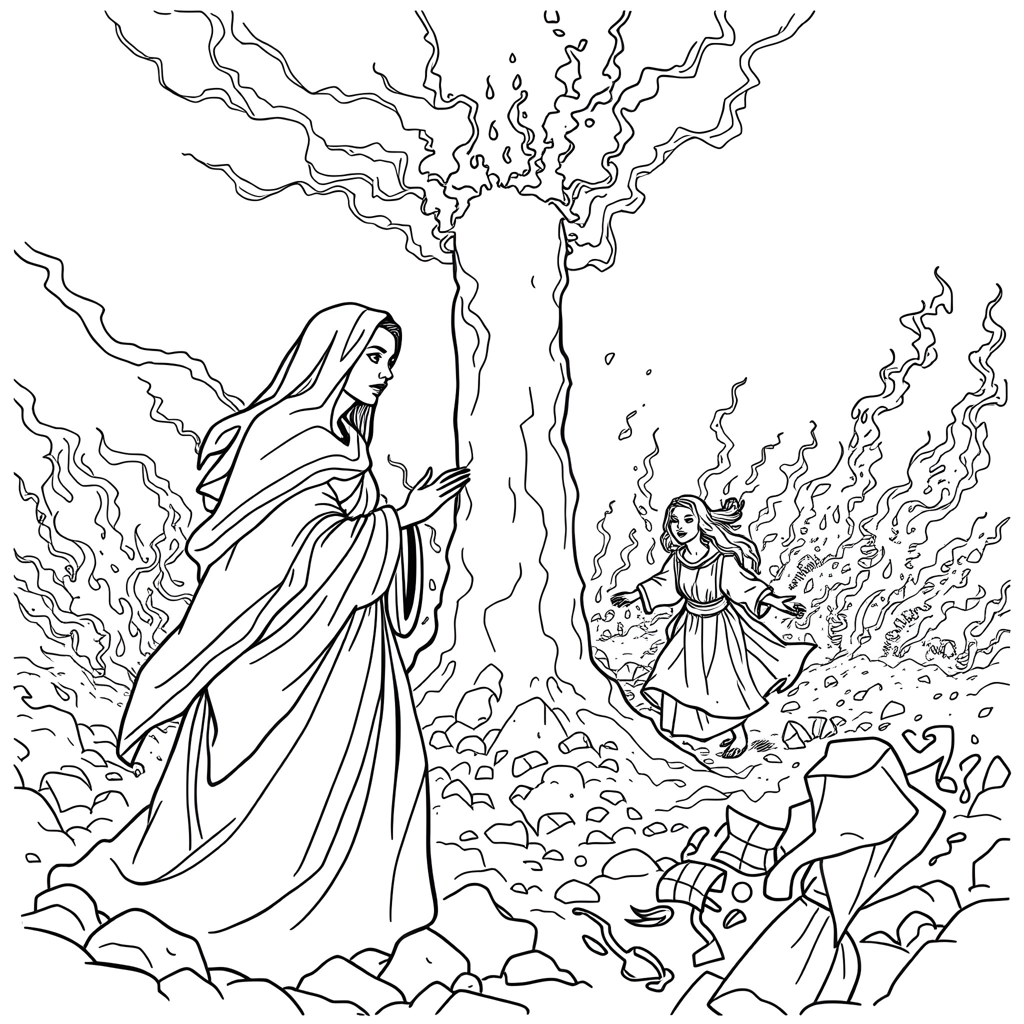 Lot's Wife Turning into a Pillar of Salt Coloring Page (free black-and-white line drawing printable PDF for all, from beginners to advanced learners, including children, teens, adults, and seniors)