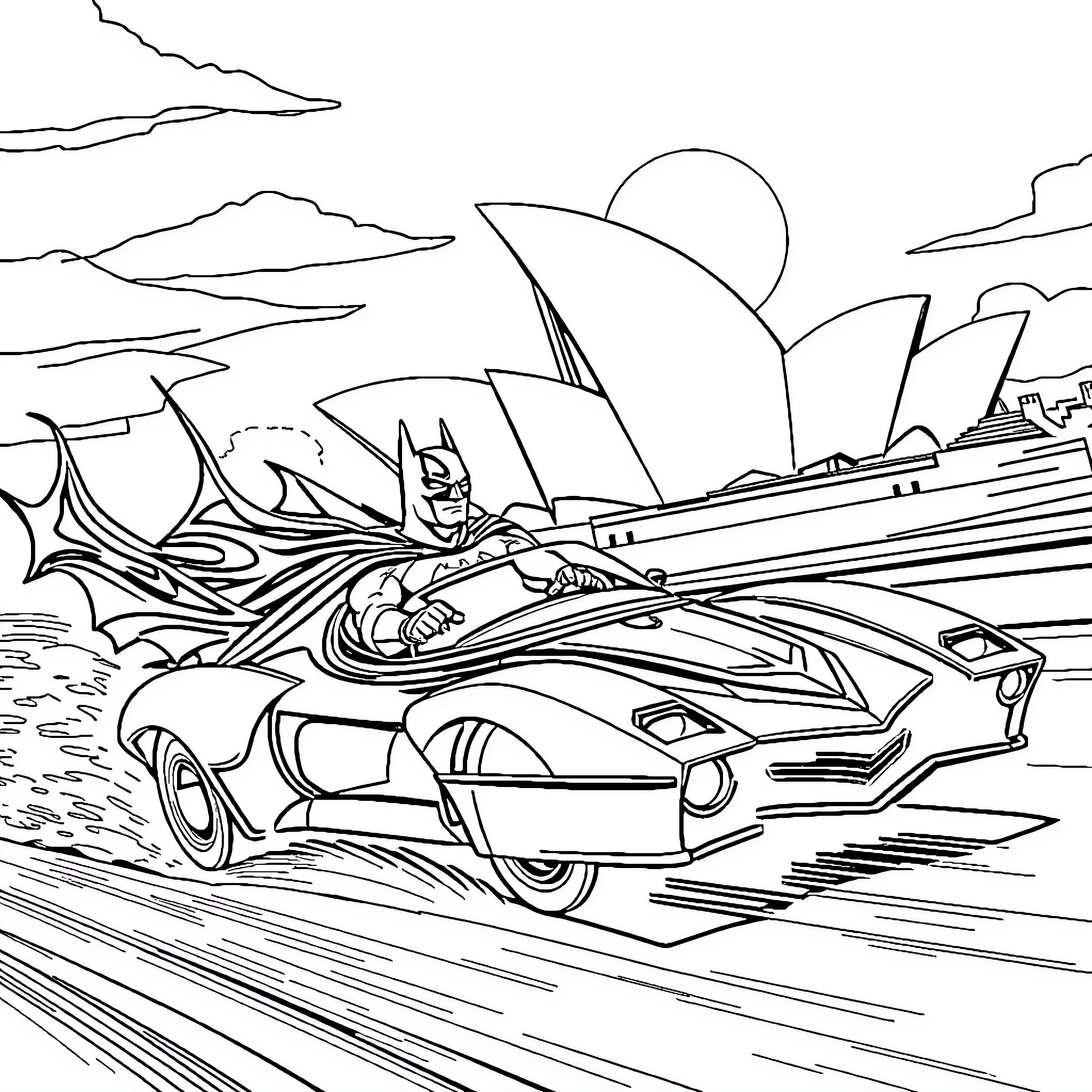 Batman's futuristic Batmobile speeding through the city Coloring Page (free black-and-white line drawing printable PDF for all, from beginners to advanced learners, including children, teens, adults, and seniors)