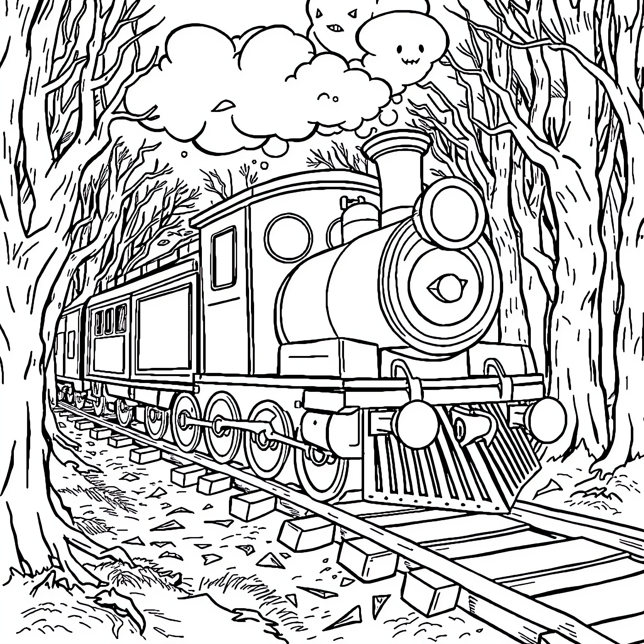 Choo Choo Charles - Train chugging through the forest Coloring Page (free black-and-white line drawing printable PDF for all, from beginners to advanced learners, including children, teens, adults, and seniors)