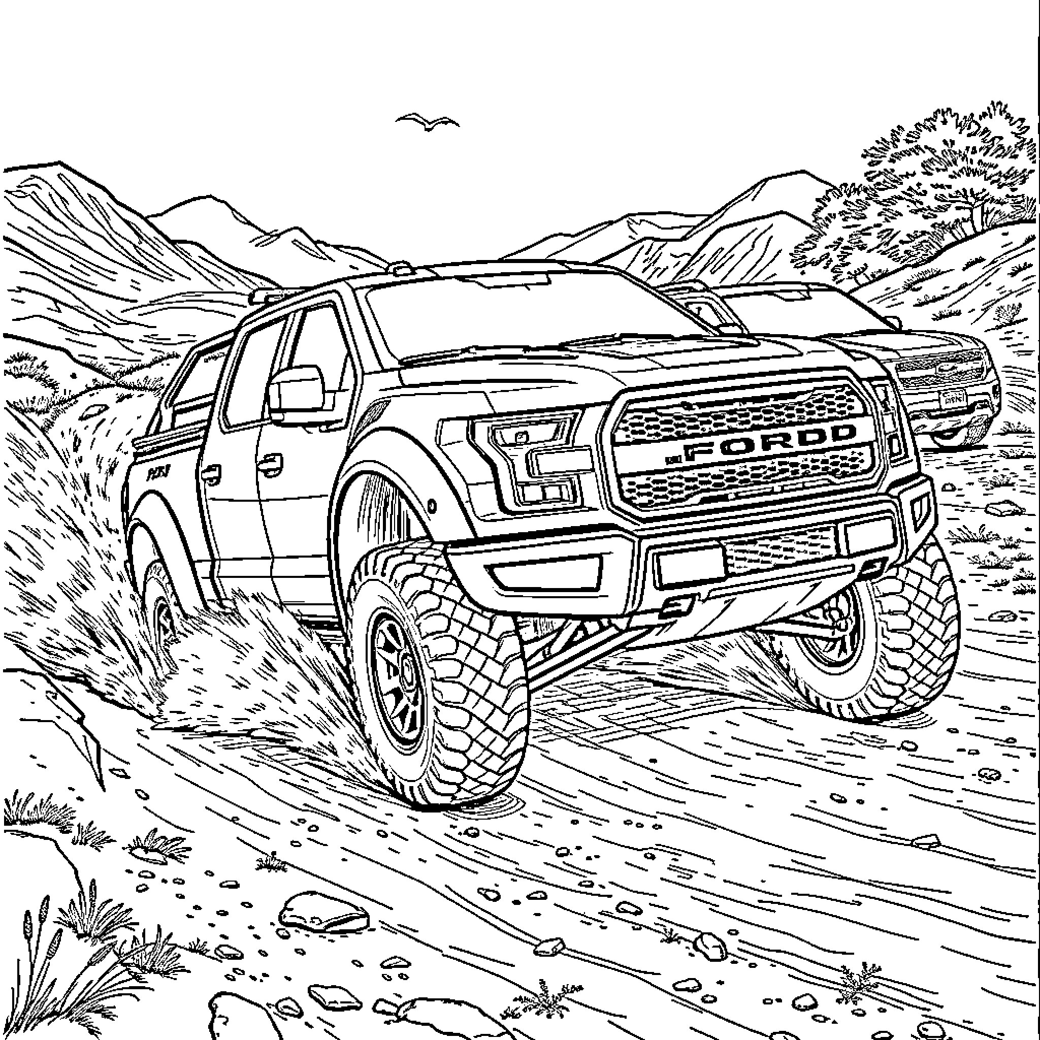 Ford truck navigating rugged terrain in the countryside Coloring Page (free black-and-white line drawing printable PDF for all, from beginners to advanced learners, including children, teens, adults, and seniors)