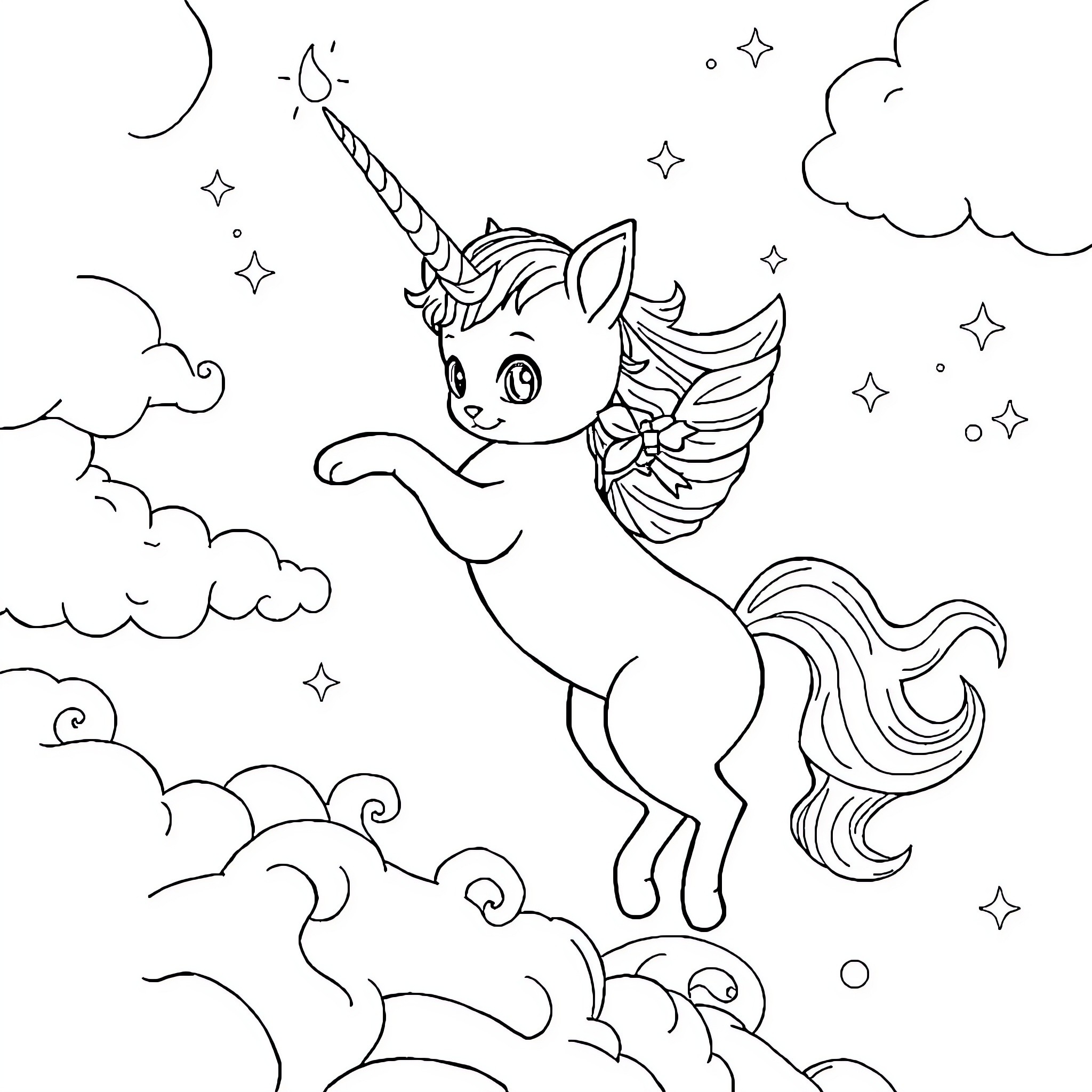 Unicorn Cat floating in starry night sky Coloring Page (free black-and-white line drawing printable PDF for all, from beginners to advanced learners, including children, teens, adults, and seniors)