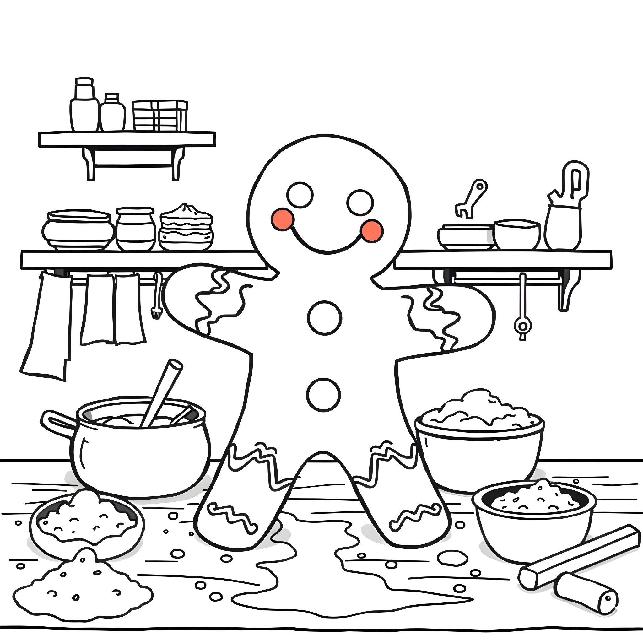 Gingerbread Man Cooking and Baking in the Kitchen Coloring Page (free black-and-white line drawing printable PDF for all, from beginners to advanced learners, including children, teens, adults, and seniors)